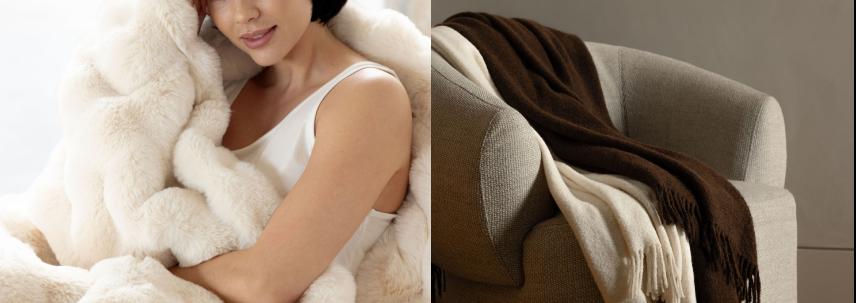 Left: A person wrapped in a plush, white fur blanket, smiling softly. Right: A cozy armchair draped with a layered brown and cream blanket.