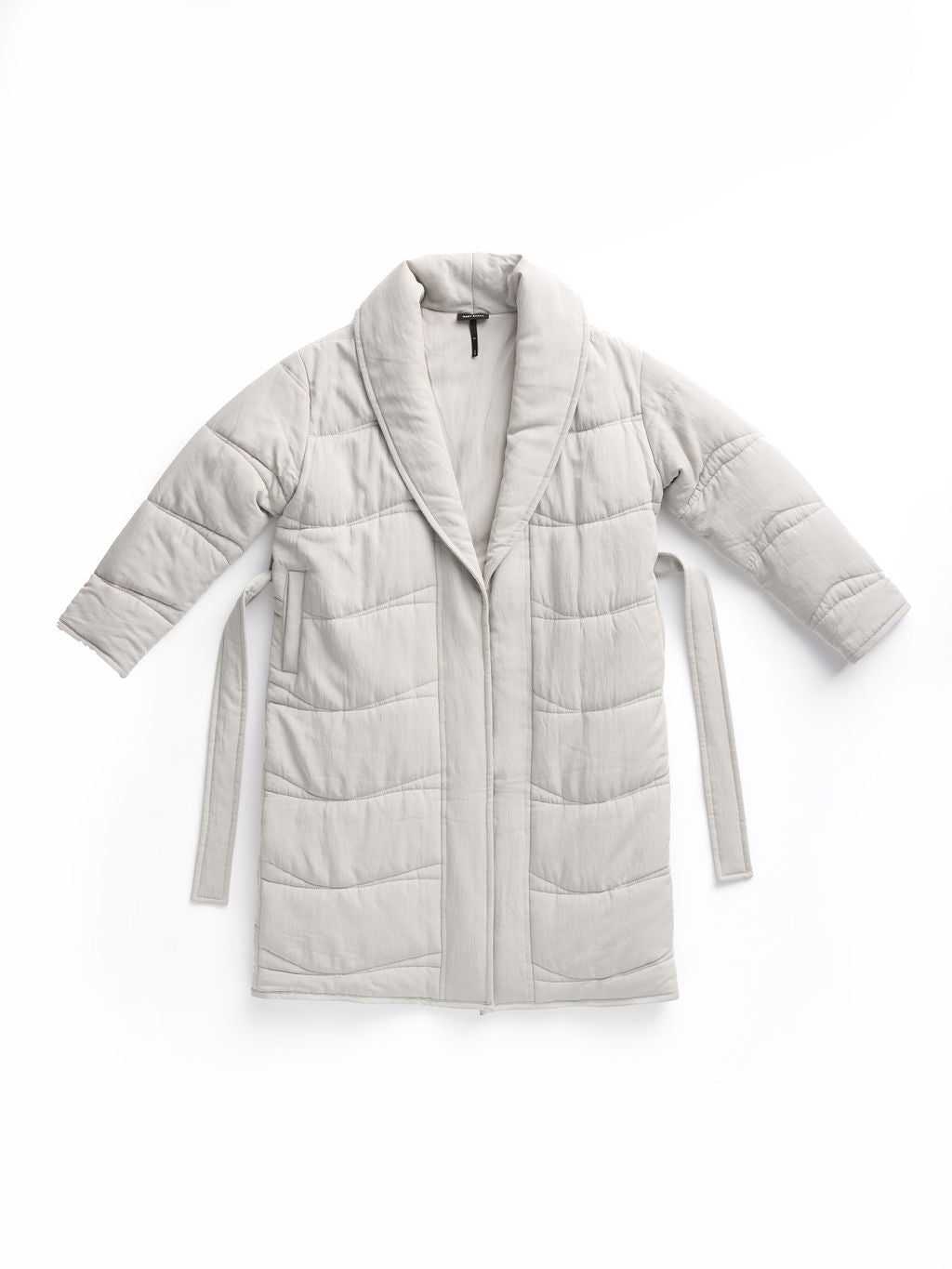 The Women's Quilted House Coat by Cozy Earth is a light gray robe with a quilted pattern, shawl collar, long sleeves, and an attached belt loop. It is laid flat on a white background. 