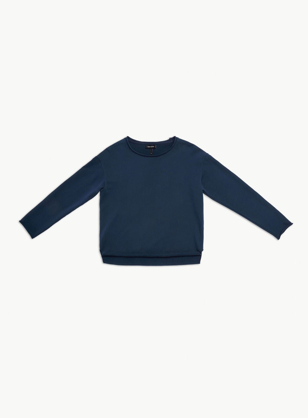 The Women's Chelsea Pullover by Cozy Earth, a blue long-sleeve sweater, is shown against a light background. It features a crew neck with ribbed cuffs and hem for a classic, comfortable look. 