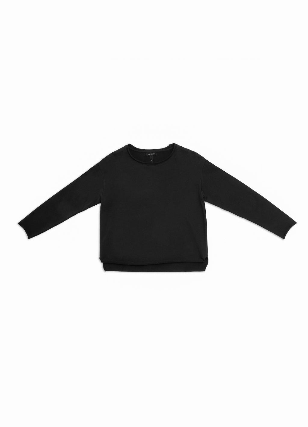 The Women's Chelsea Pullover by Cozy Earth is a black long-sleeve sweater displayed on a white background, with its arms outstretched horizontally. 