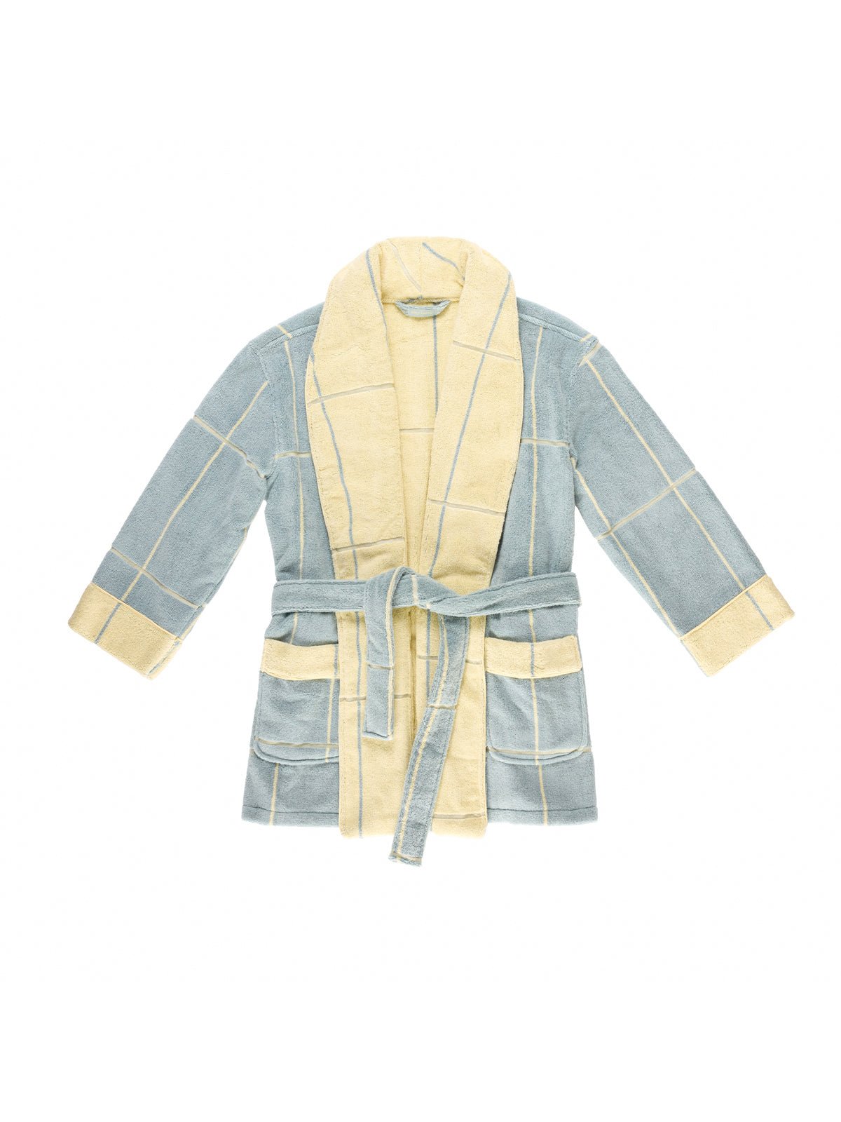 The Cozy Earth Windowpane Resort Robe is displayed flat on a white background, featuring a grid pattern in blue and light yellow. This soft bathrobe includes long sleeves, a shawl collar, two front pockets, and a matching belt. 