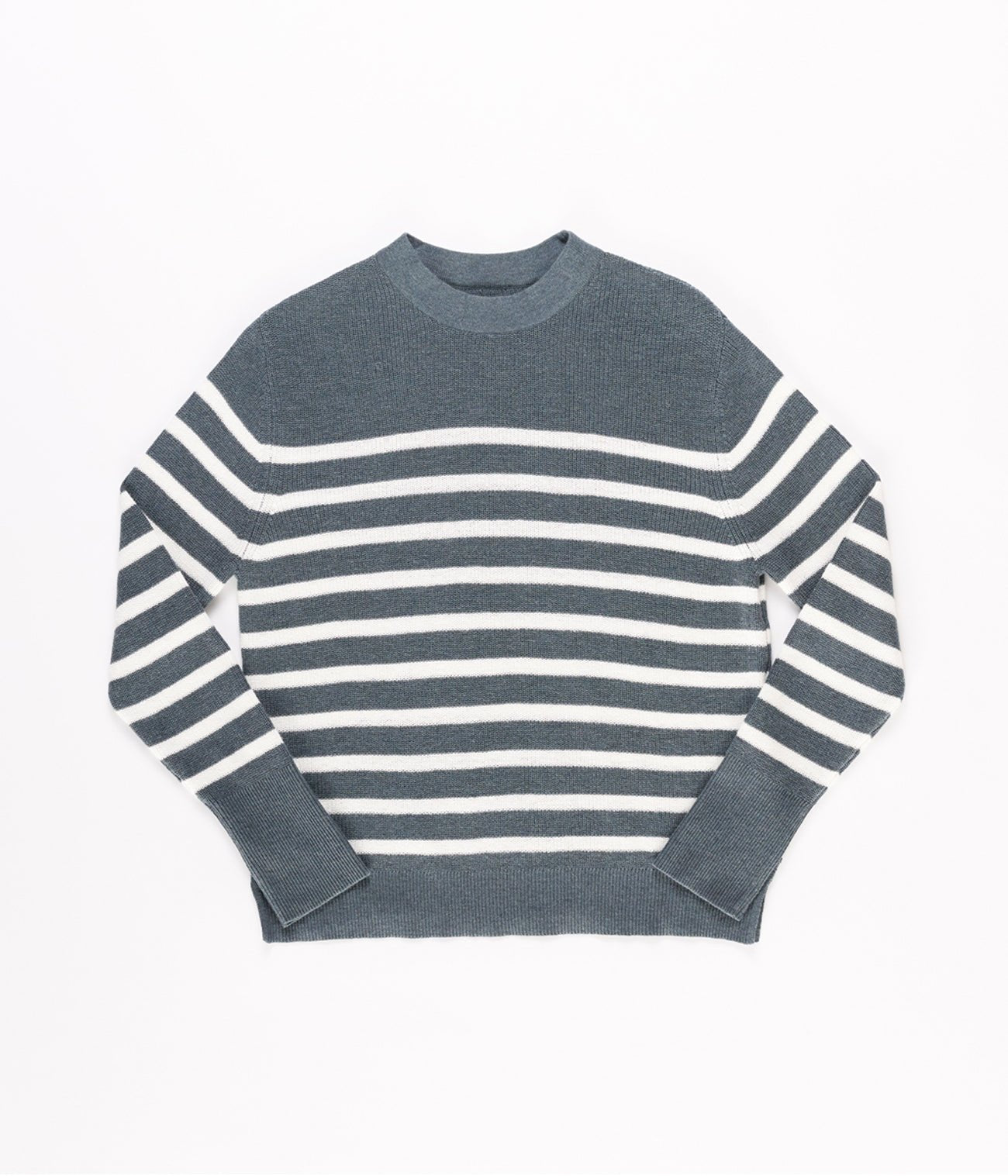 The Women's Rowan Sweater by Cozy Earth features a crew neck design with alternating gray and white horizontal stripes on the body and sleeves, laid flat on a white background. 