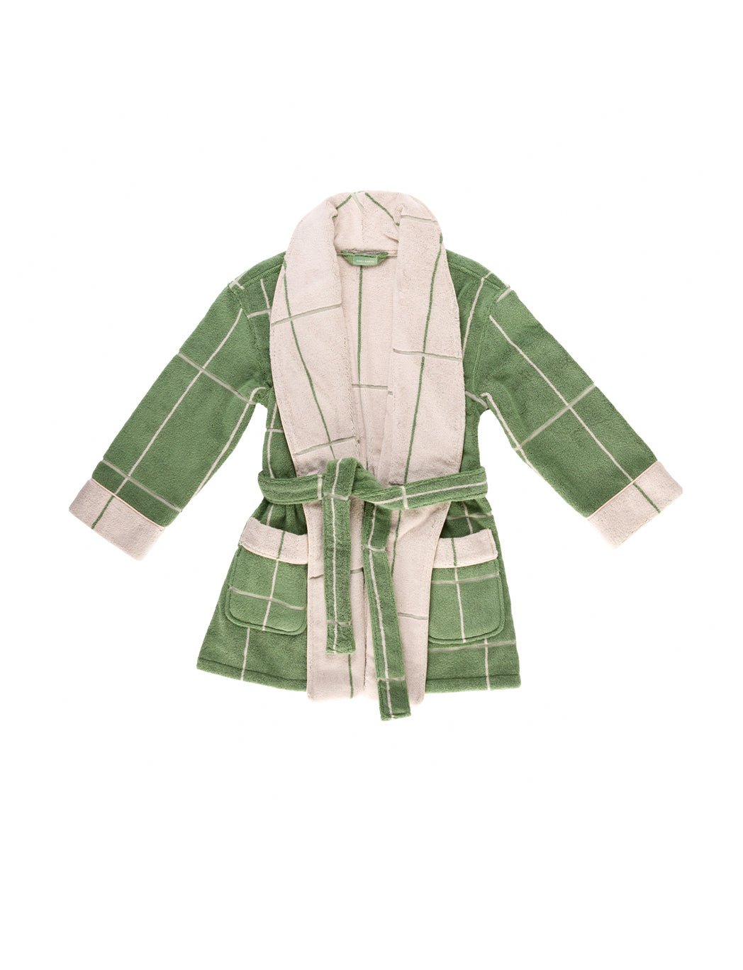 The Cozy Earth Windowpane Resort Robe is a green and beige plaid bathrobe featuring large square patterns, two front pockets, and a matching belt, all displayed on a white background. 