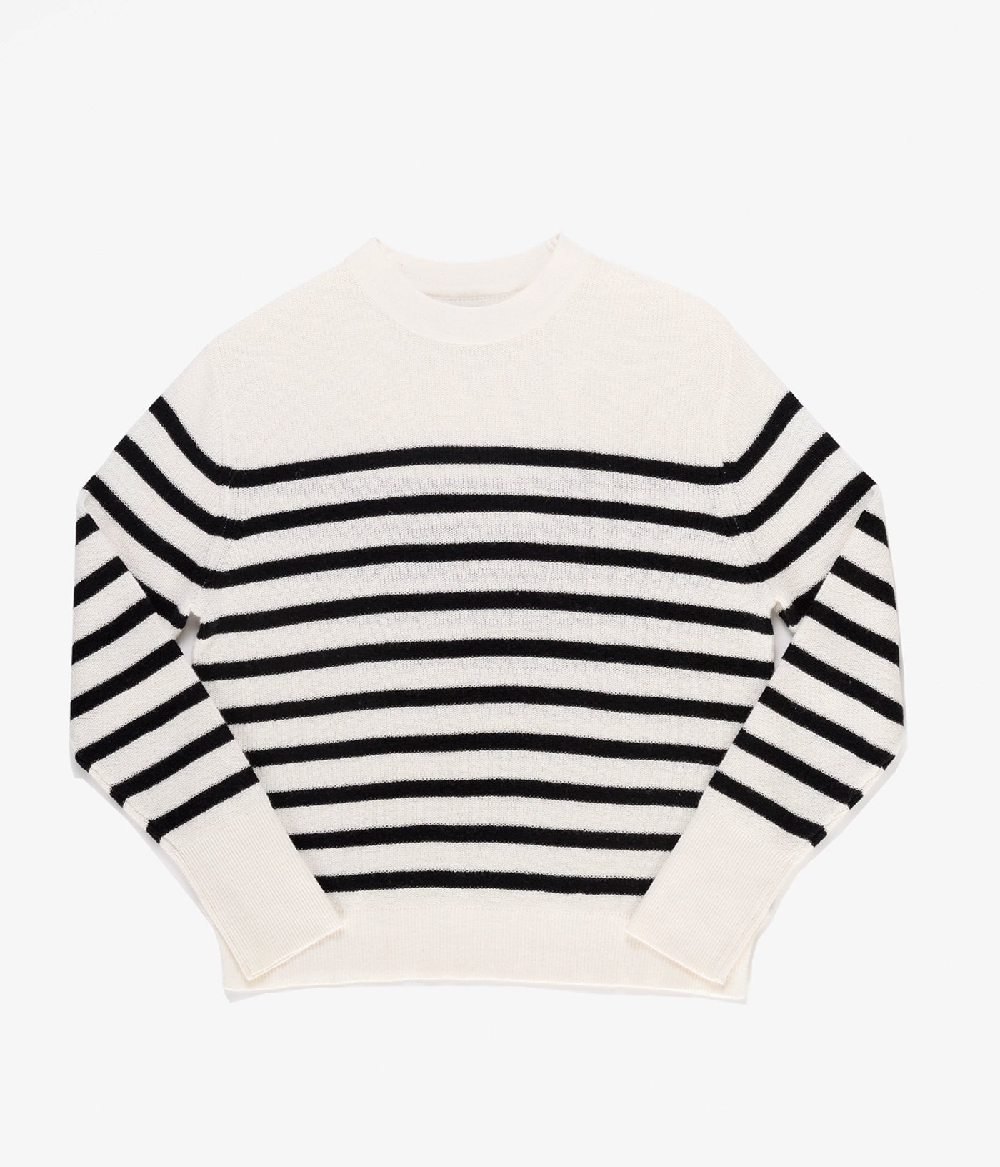 The Women's Rowan Sweater by Cozy Earth is displayed laid flat on a white background. It features black horizontal stripes, long sleeves, and a round neckline. 