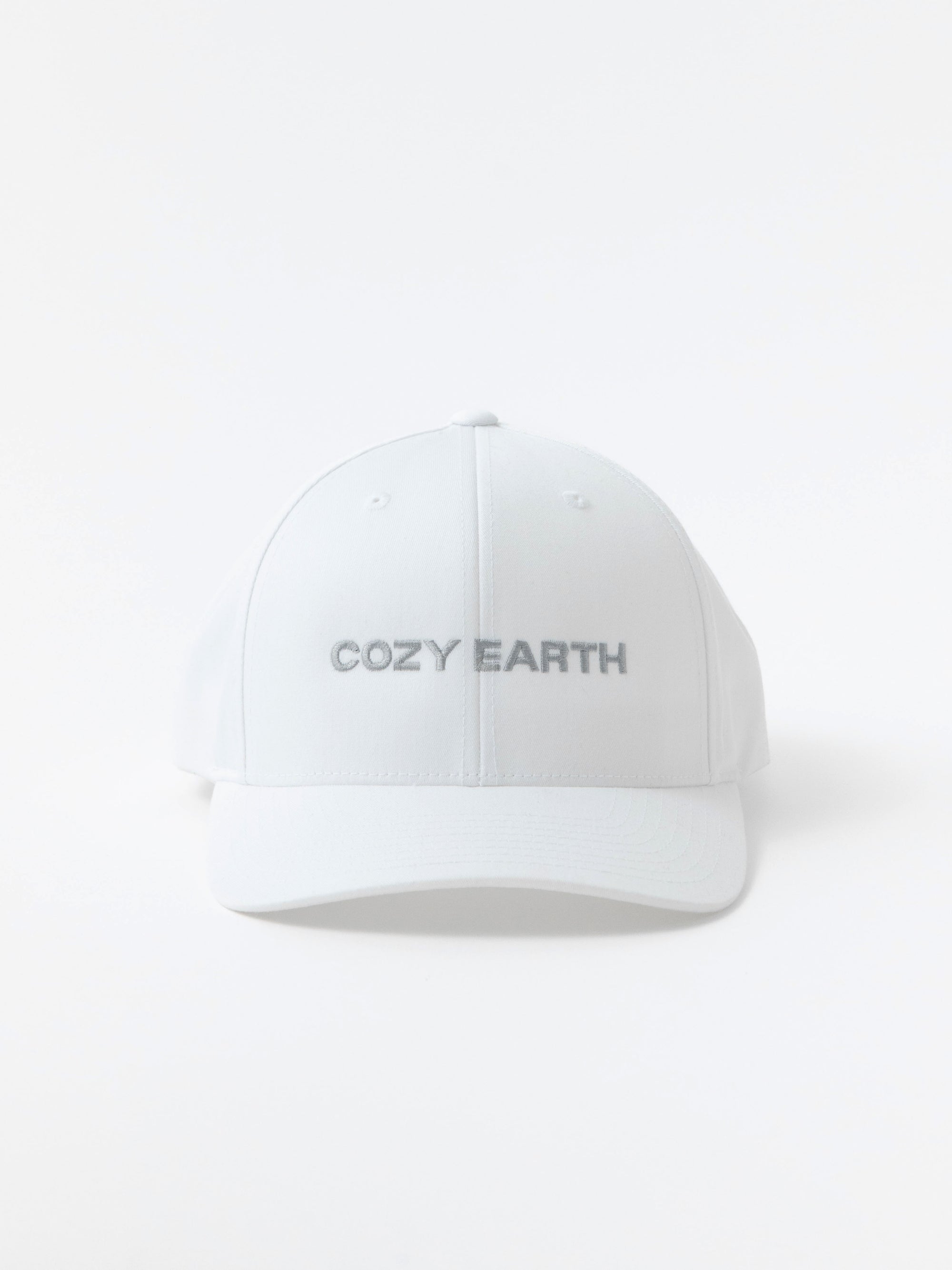 White cap with 'COZY EARTH' text on a white background 