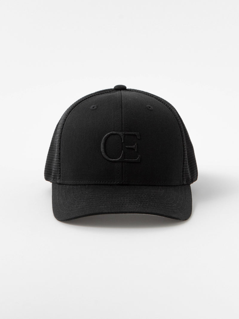Black cap with a CE logo on a light gray background