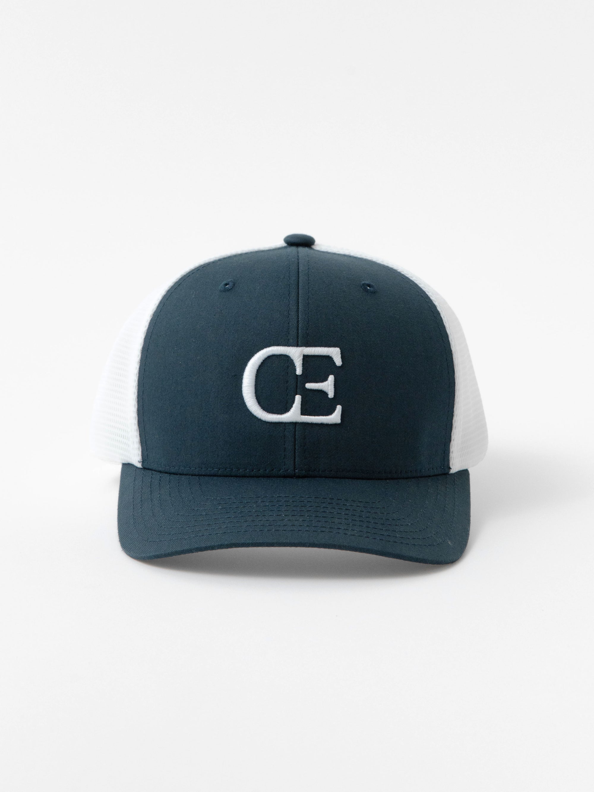 Navy and white cap with a CE logo on a light gray background 