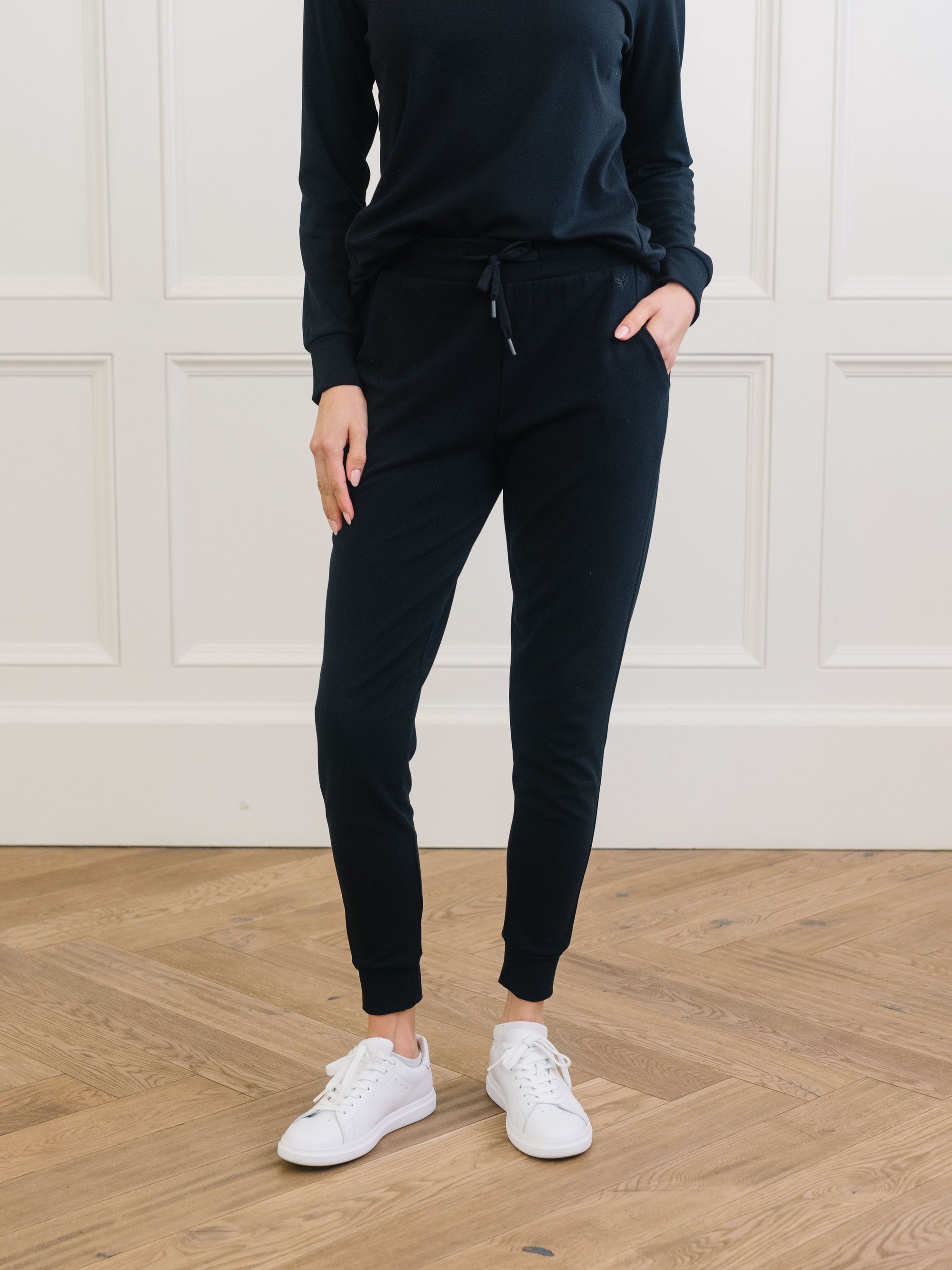 Black Bamboo Jogger Set. The photo was taken close up, showing off the print of the joggers. 
