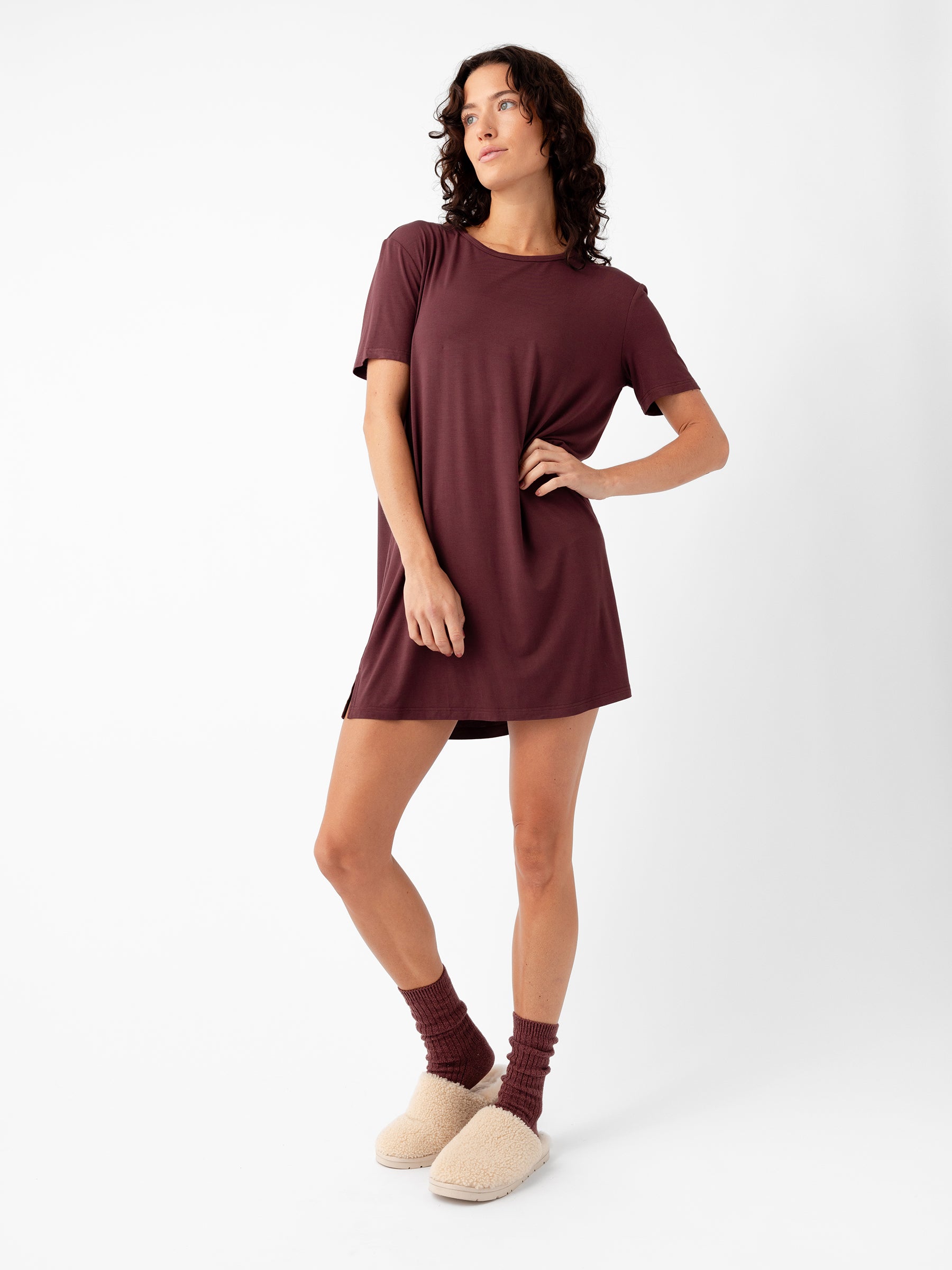 Woman wearing Women's Bamboo Stretch Knit Sleep Dress in Burgundy |Color:Burgundy