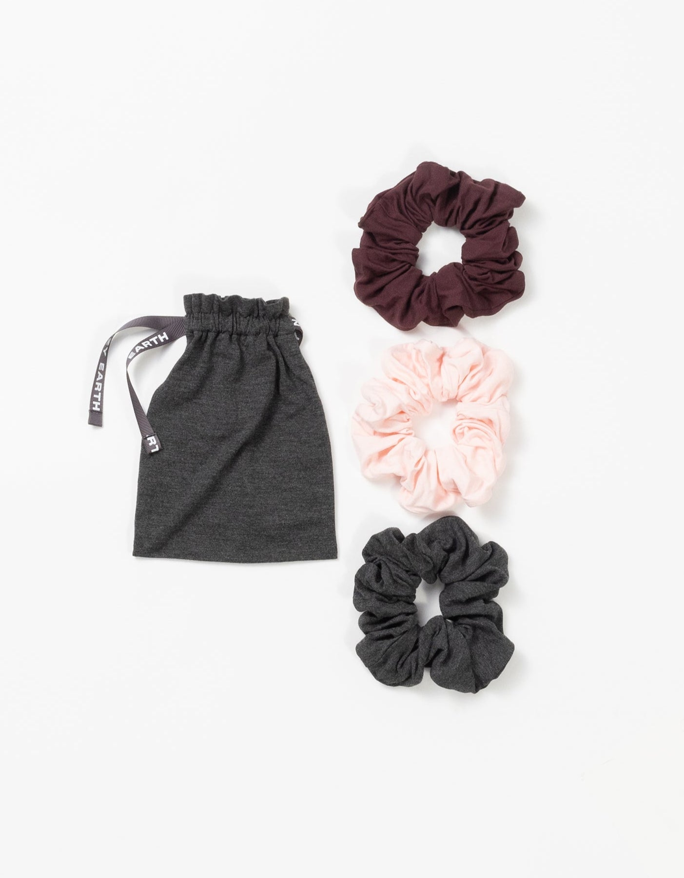 Three pack of scrunchies with burgundy, blossom, and charcoal options 