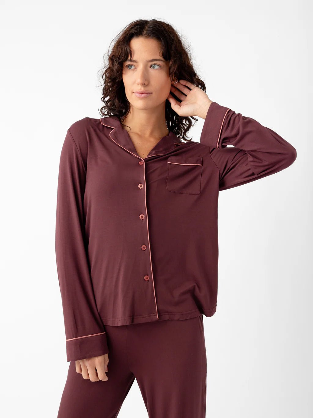 Woman wearing a burgundy Cozy Earth Bamboo Stretch-Knit Long Sleeve Pajama Top on a white background |Color:Burgundy