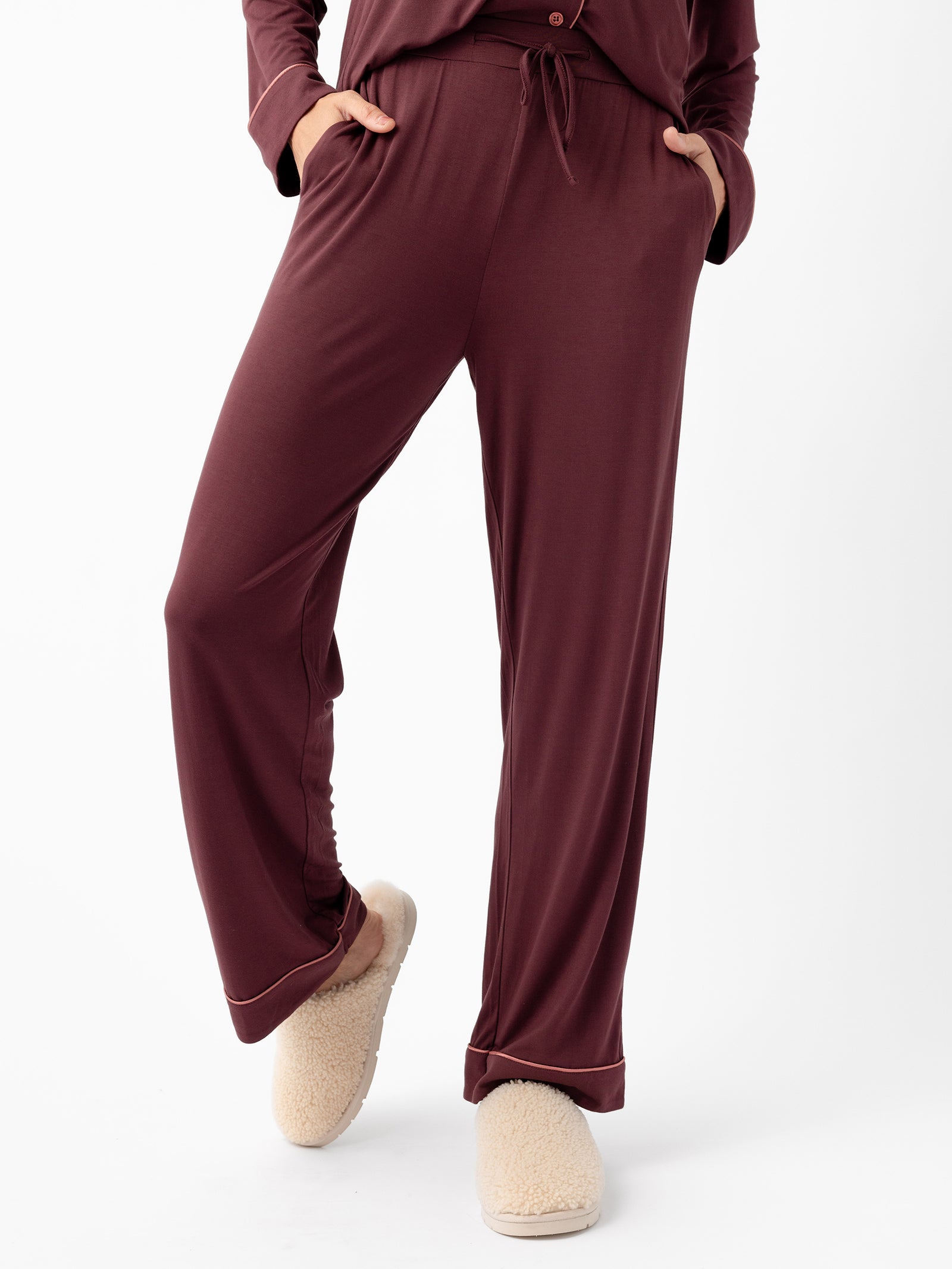 Woman wearing Women's Stretch-Knit Bamboo Pajama Pant in Burgundy 