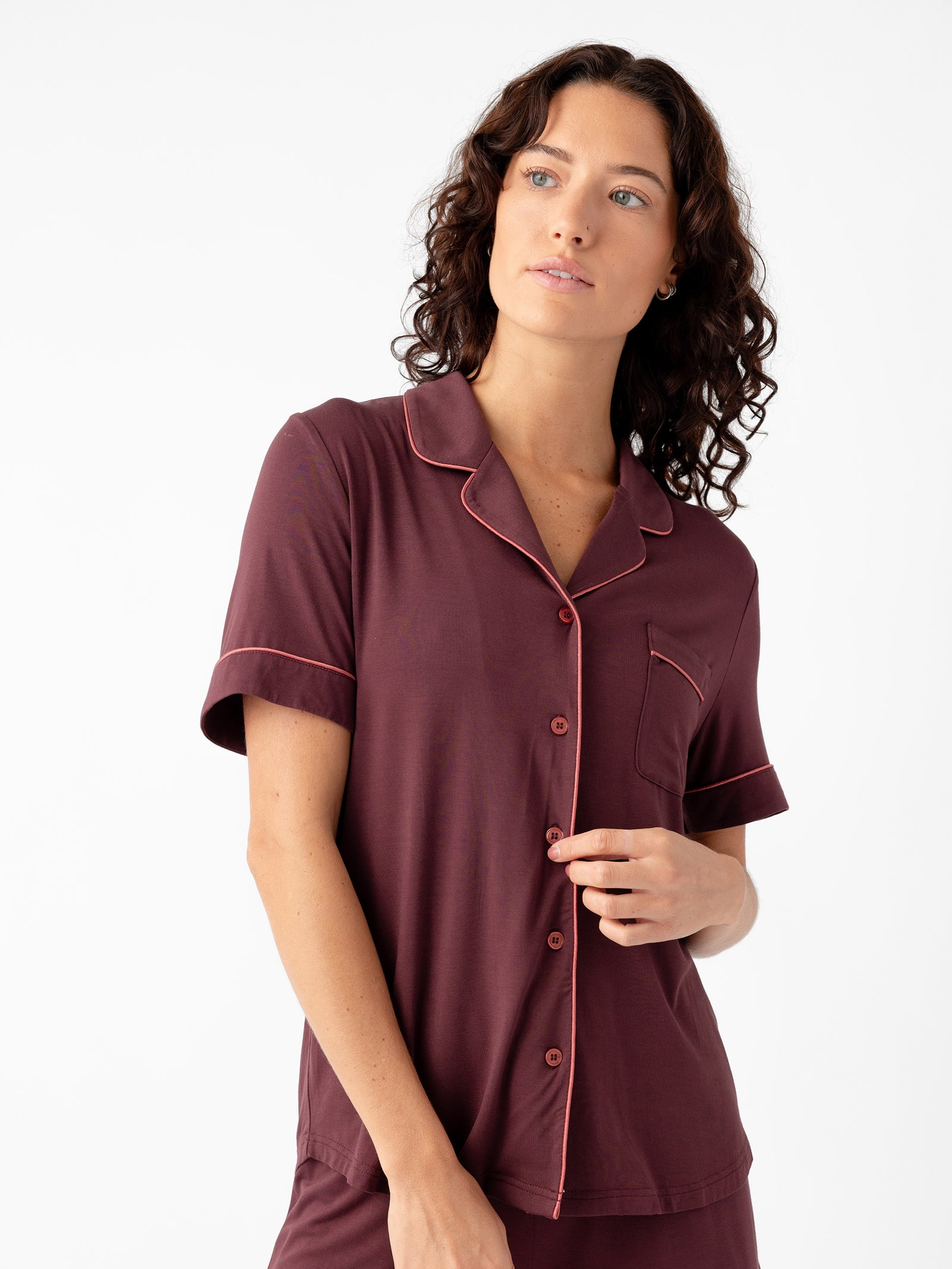 Woman wearing Women's Short Sleeve Bamboo Pajama Top in Stretch-Knit - Burgundy 