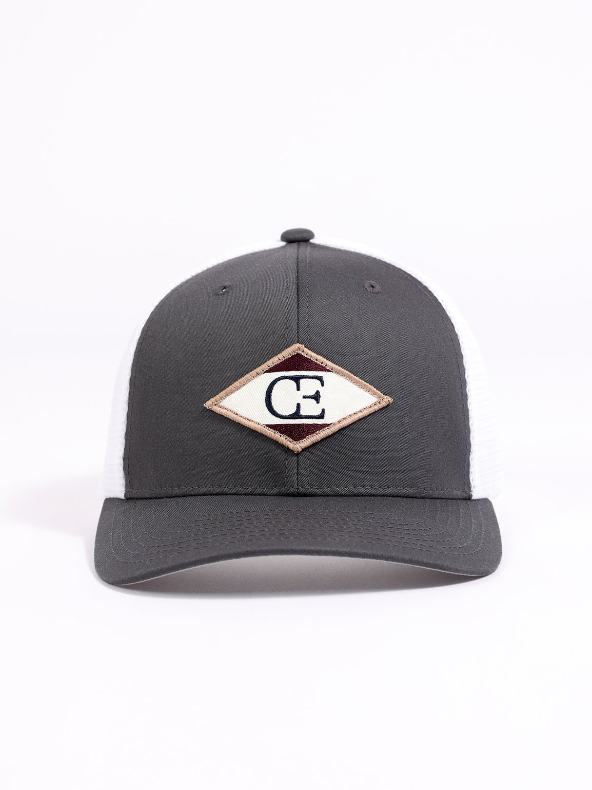 Studio shot of charcoal/white diamond mesh trucker hat 
