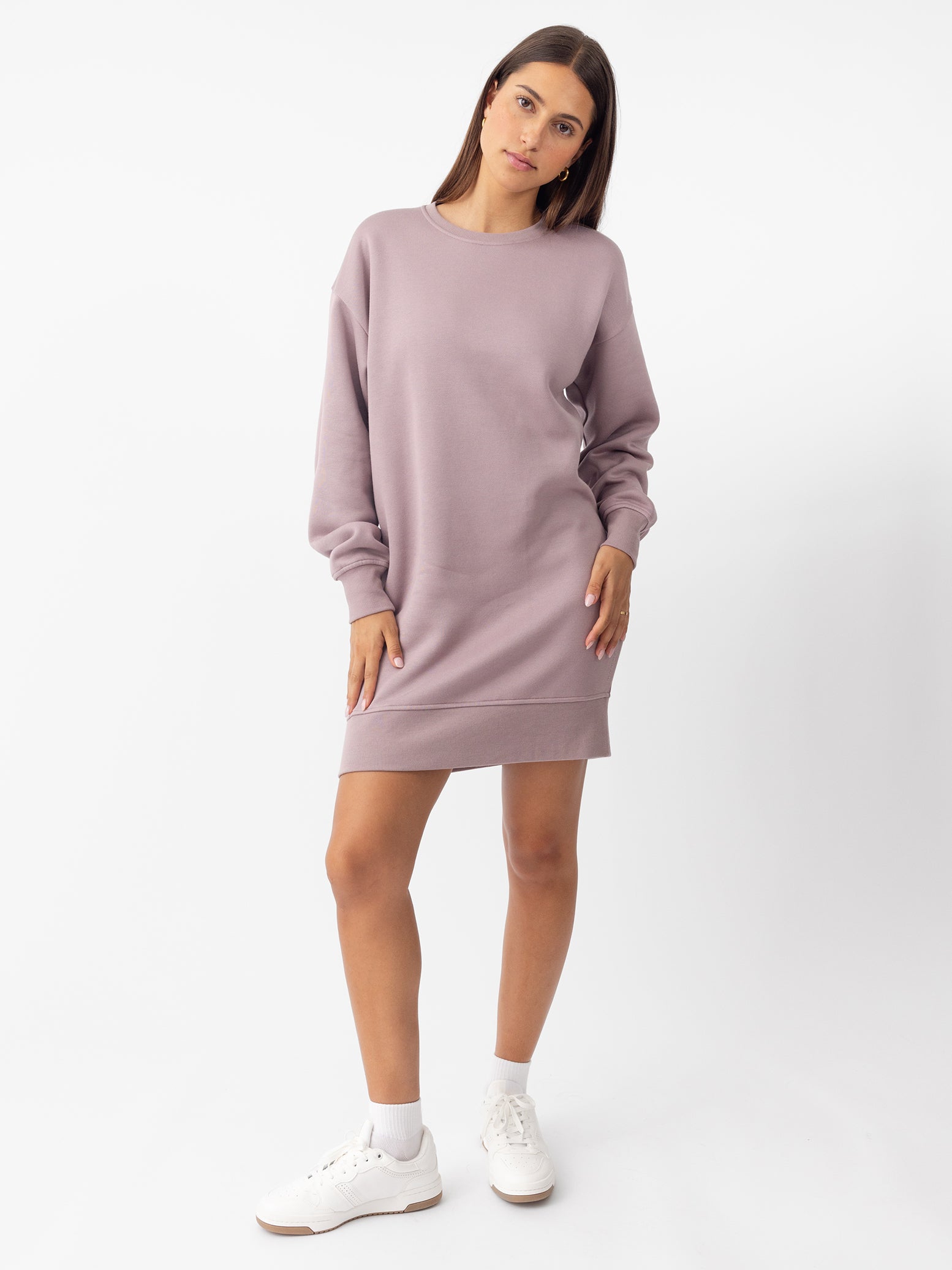 Woman wearing Dusty Orchid CityScape Crewneck Dress with white background |Color: Dusty Orchid