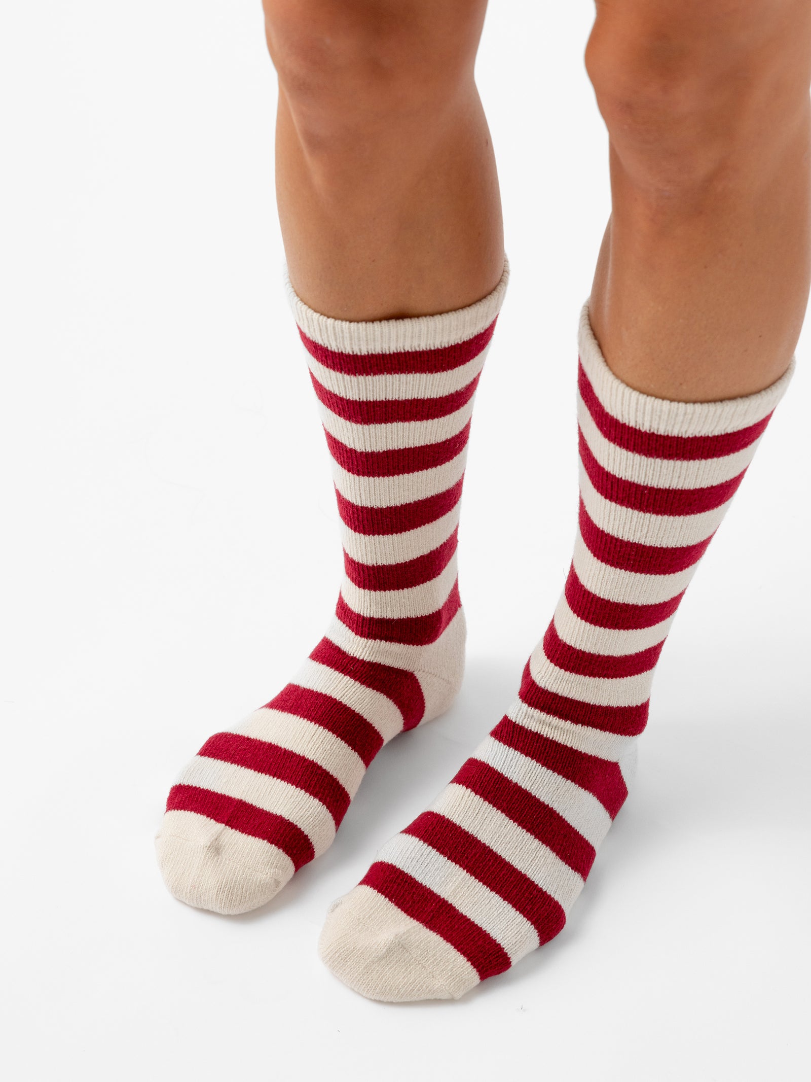 Person wearing Striped Plush Lounge Socks in Garnet 