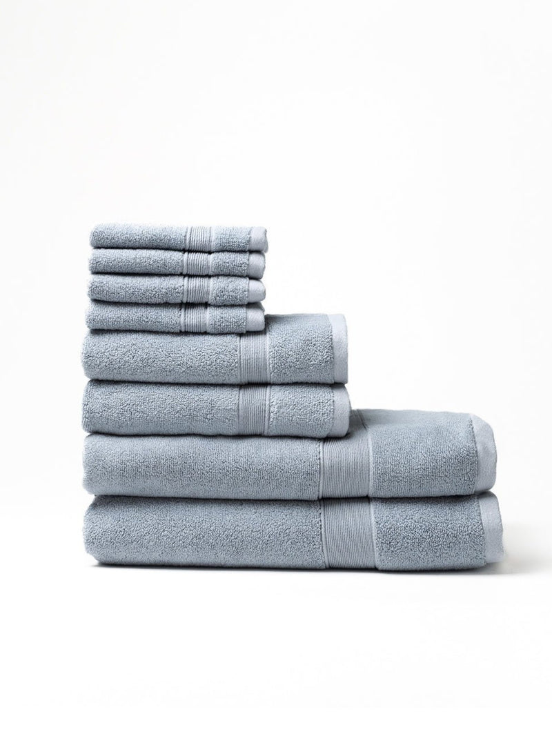 Harbor Mist luxe bath towel set folded with white background