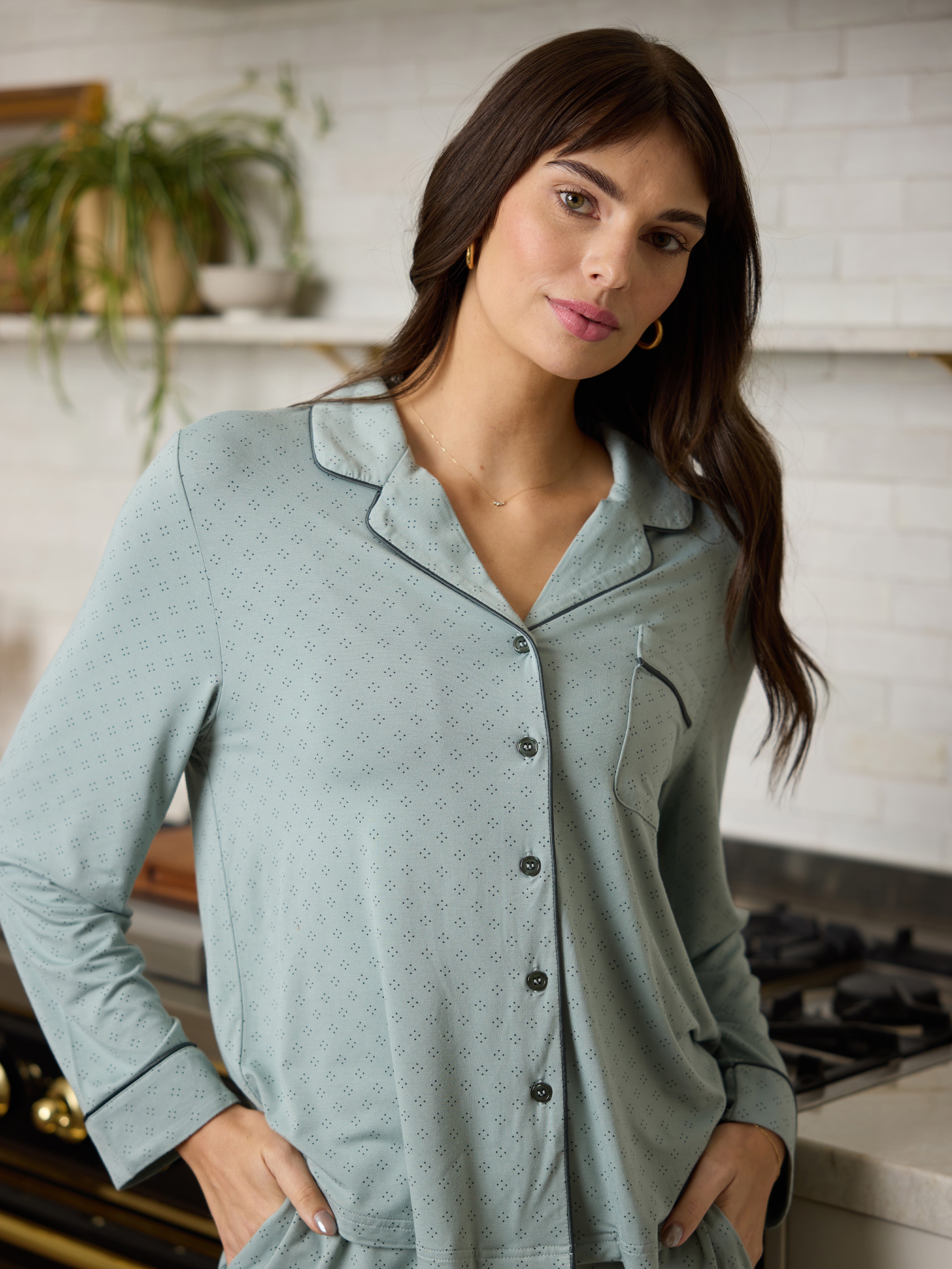 Woman standing in kitchen wearing haze diamond dot pajama top |Color:Haze Diamond Dot