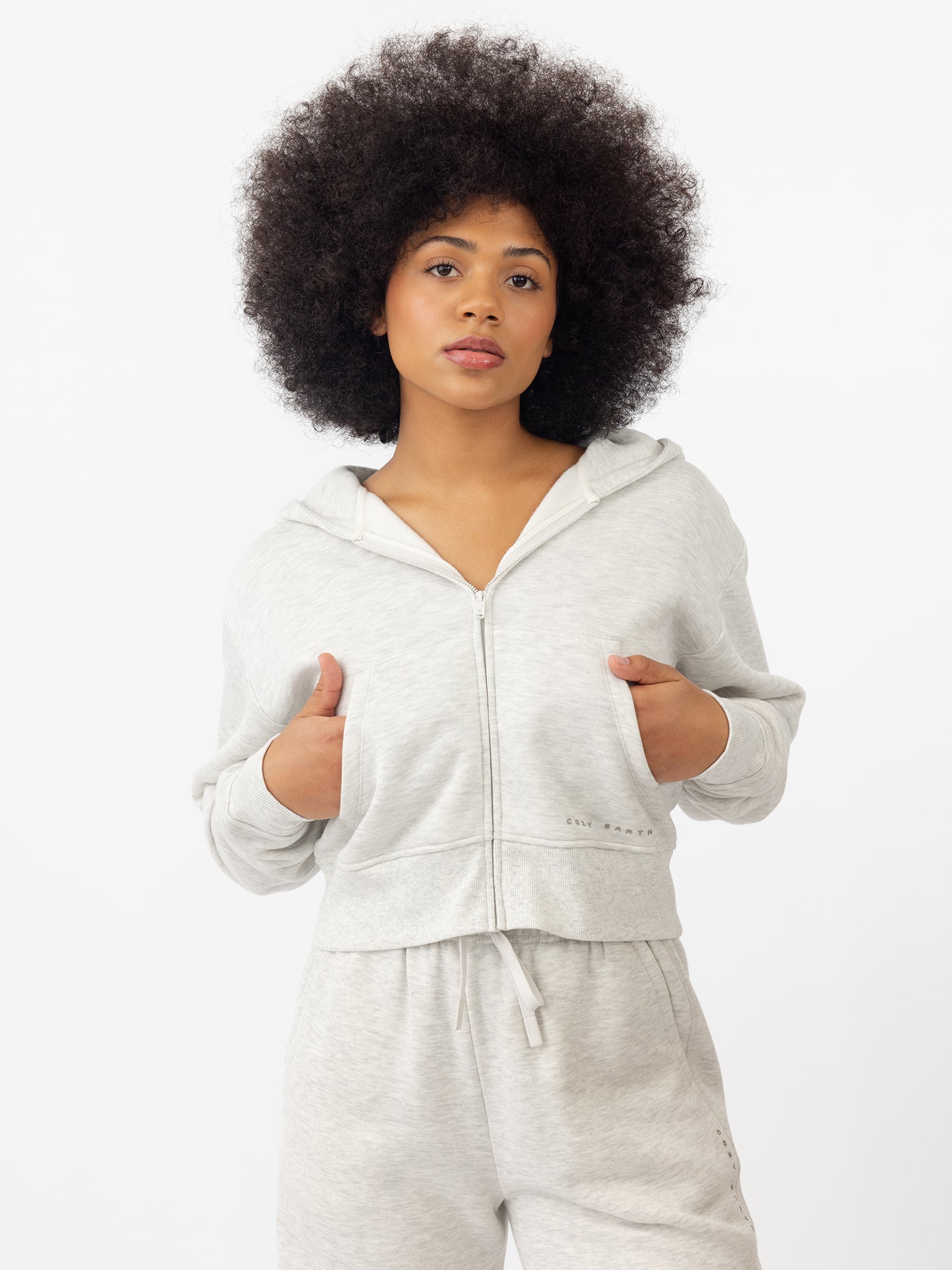 Woman wearing Heather Grey CityScape Cropped Full Zip with white background 