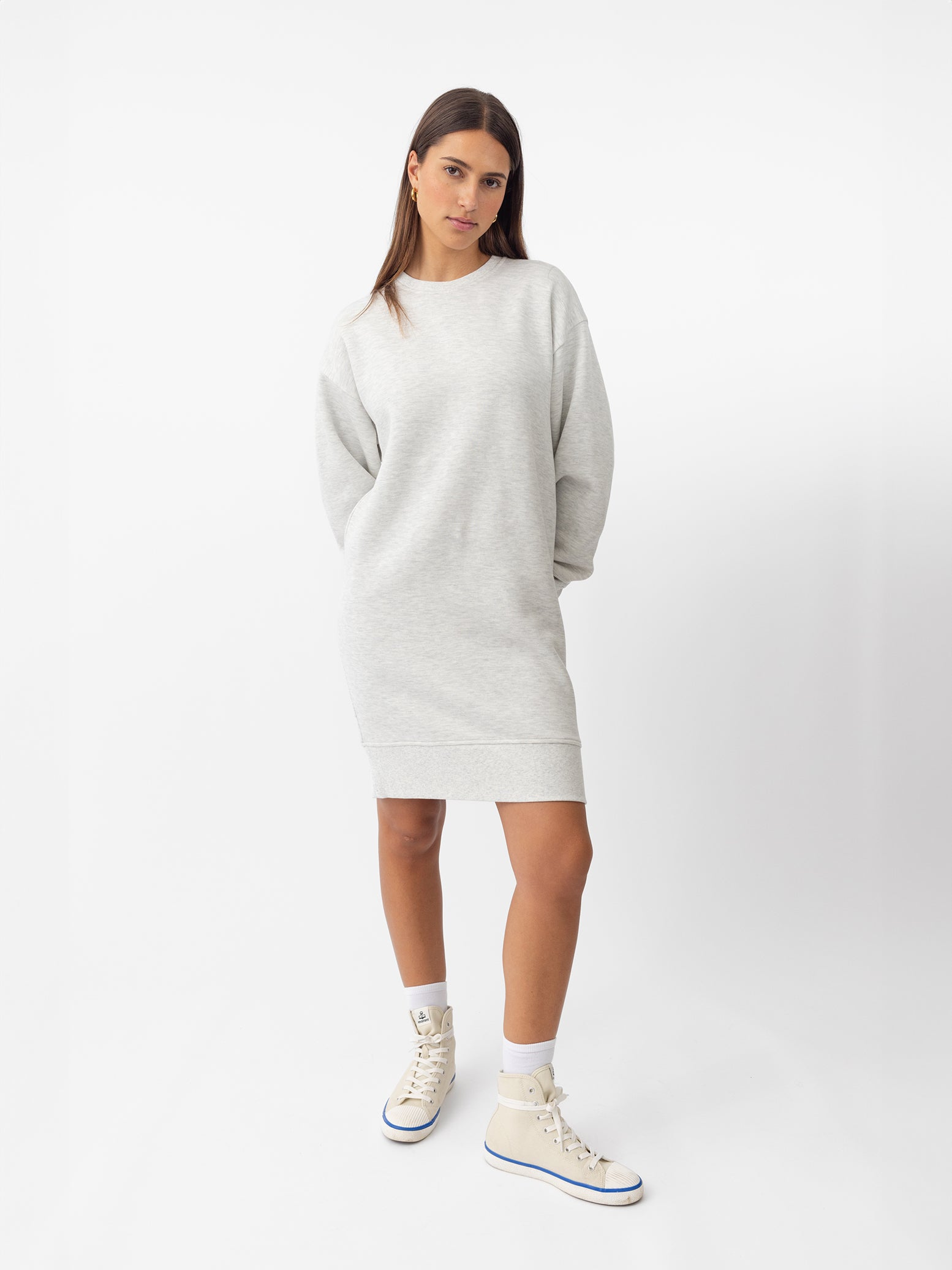 Woman wearing Heather Grey CityScape Crewneck Dress with white background |Color: Heather Grey