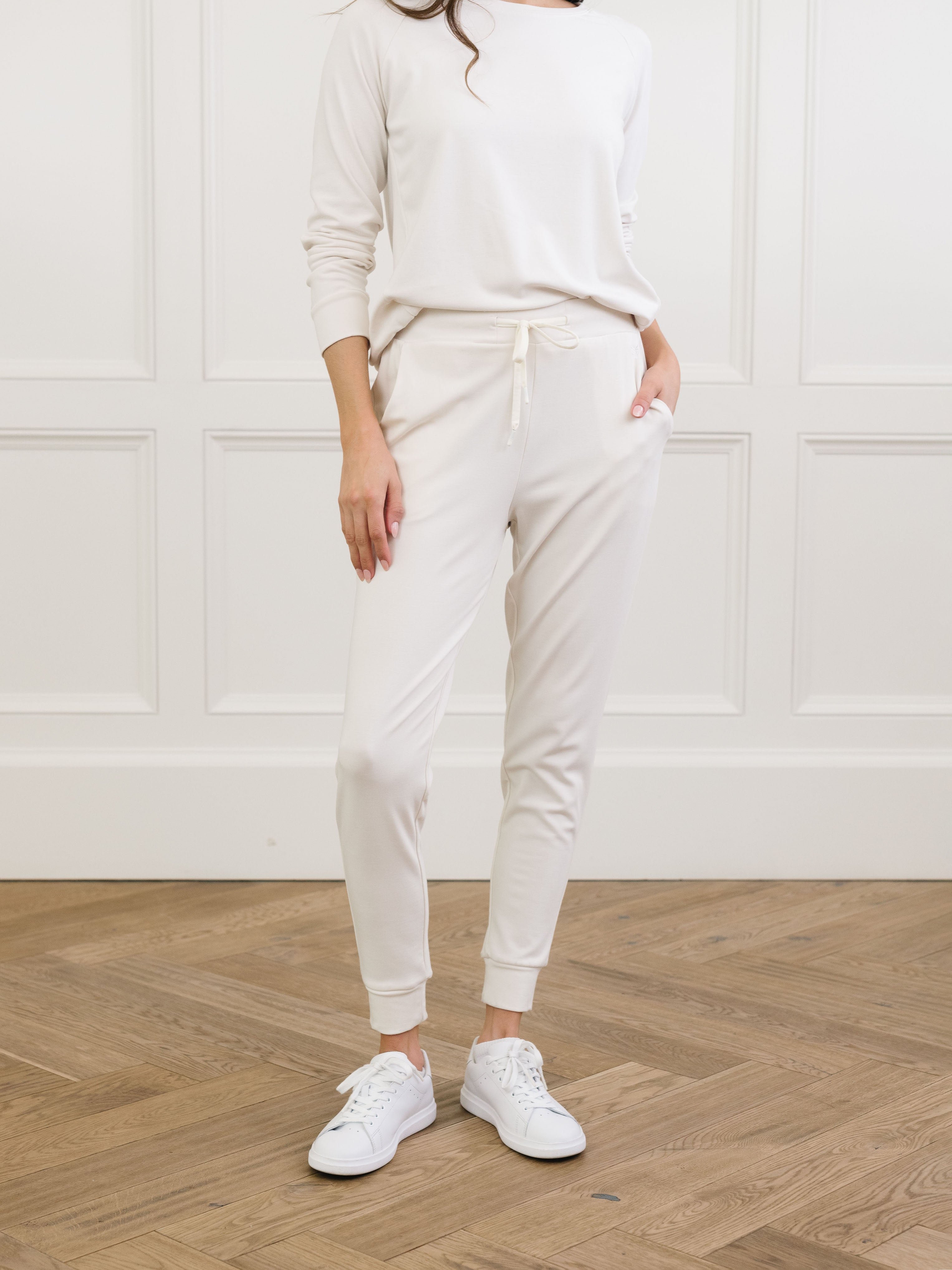 Ivory Bamboo Jogger Set. The photo was taken close up, showing off the print of the joggers. 