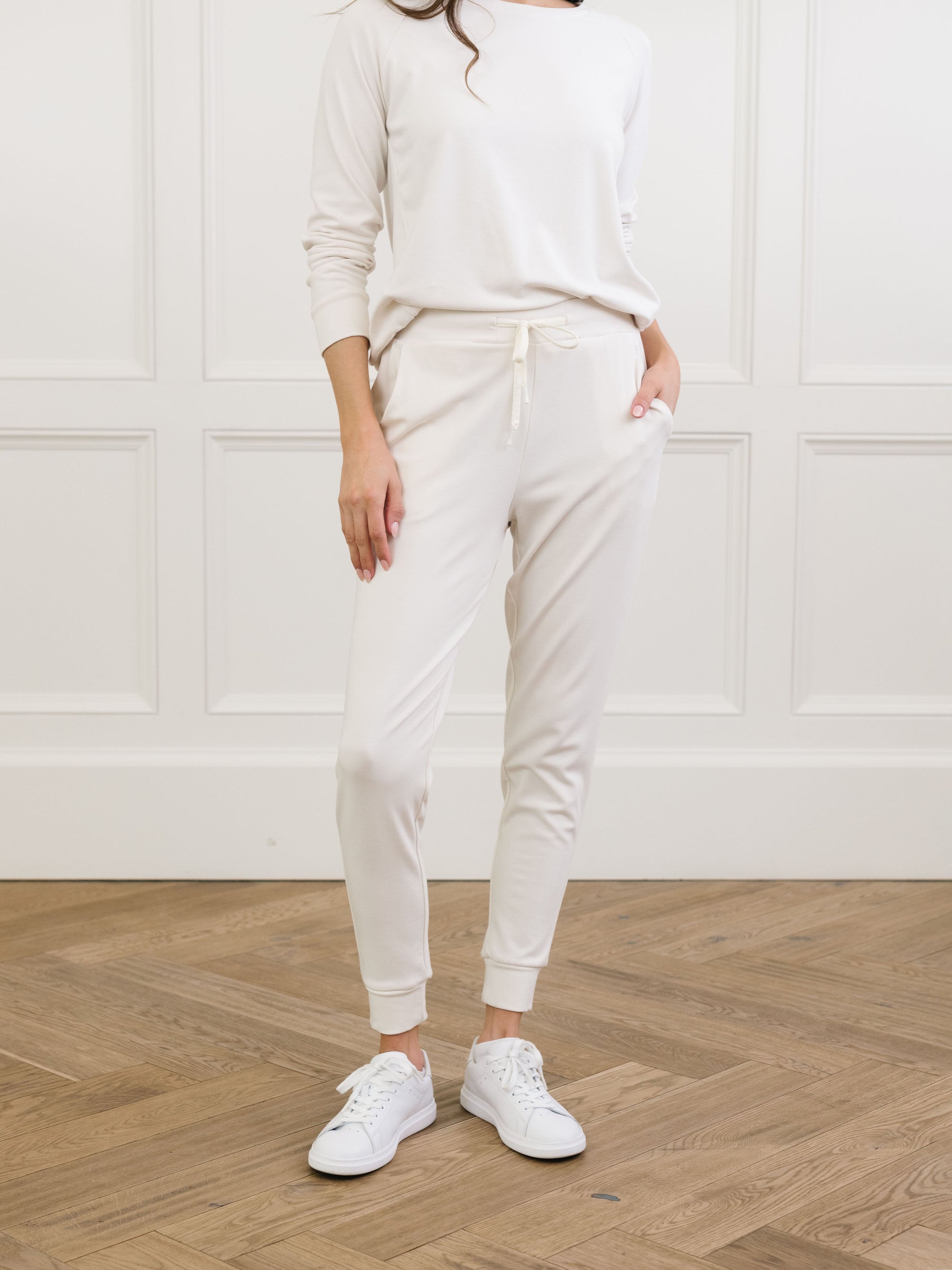 Ivory Bamboo Jogger Set. The photo was taken close up, showing off the print of the joggers. 