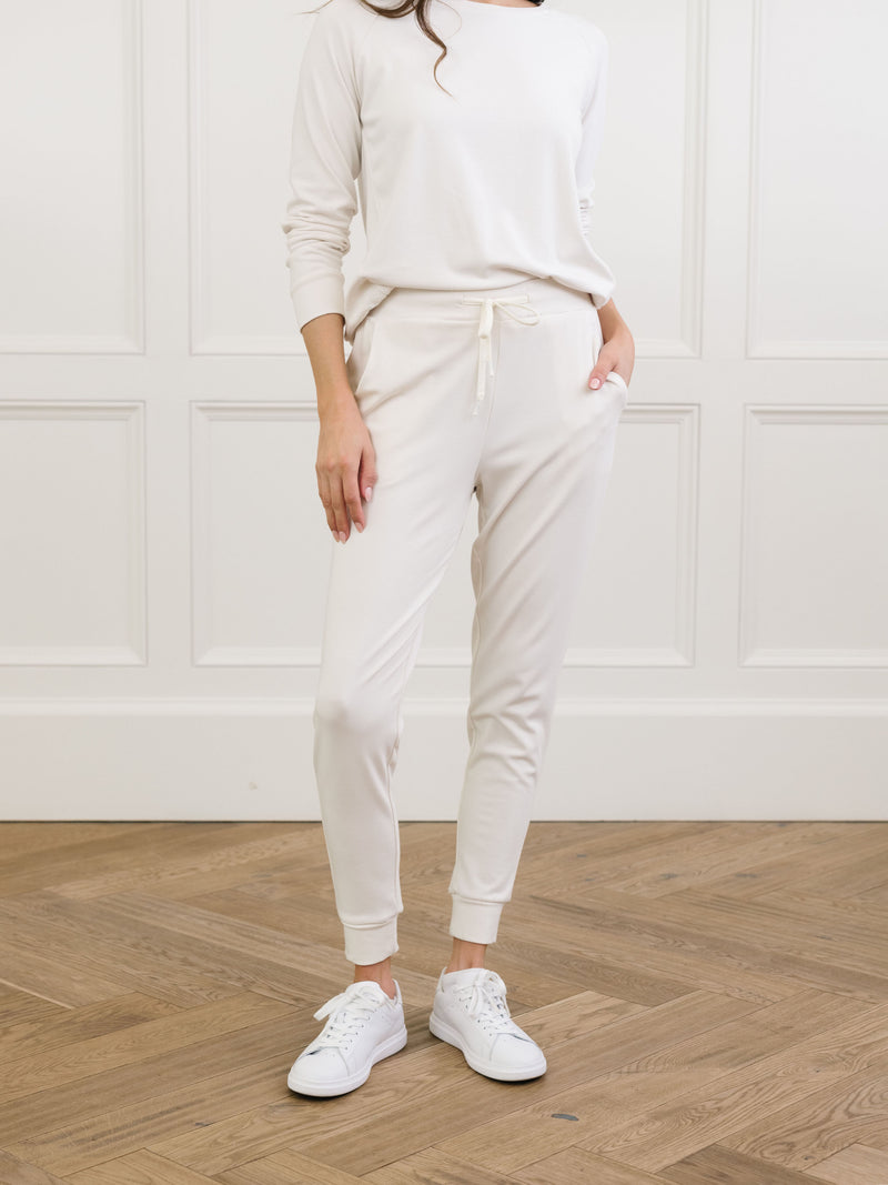 Ivory Bamboo Jogger Set. The photo was taken close up, showing off the print of the joggers.