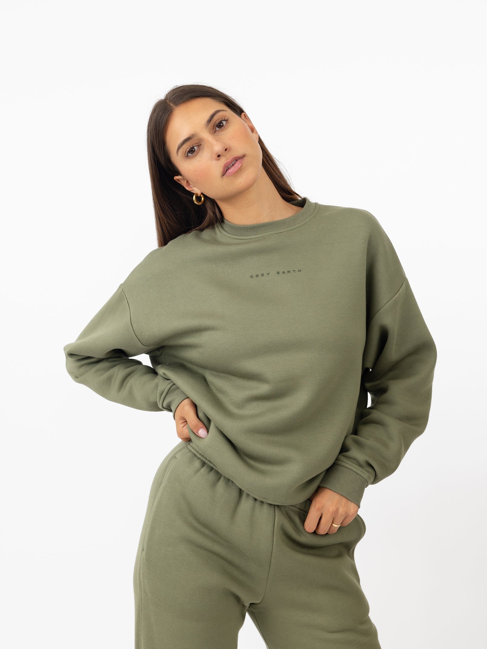 Woman wearing Juniper CityScape Crewneck with white background 