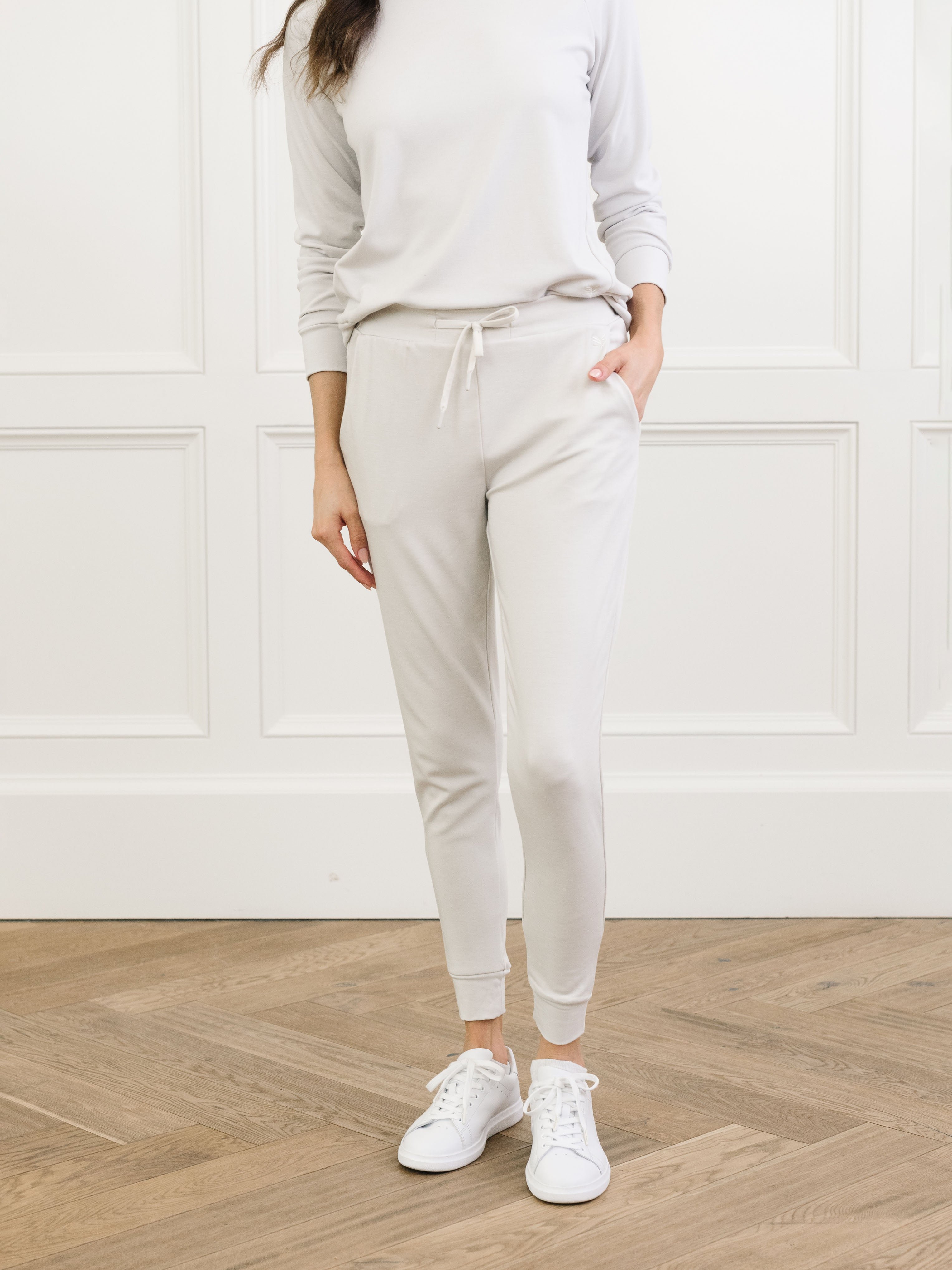 Light Grey Bamboo Jogger Set. The photo was taken close up, showing off the print of the joggers. 