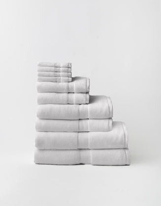 Stack of Cozy Earth Complete Luxe Bath Bundle is light gray on a white background |Color:Light Grey