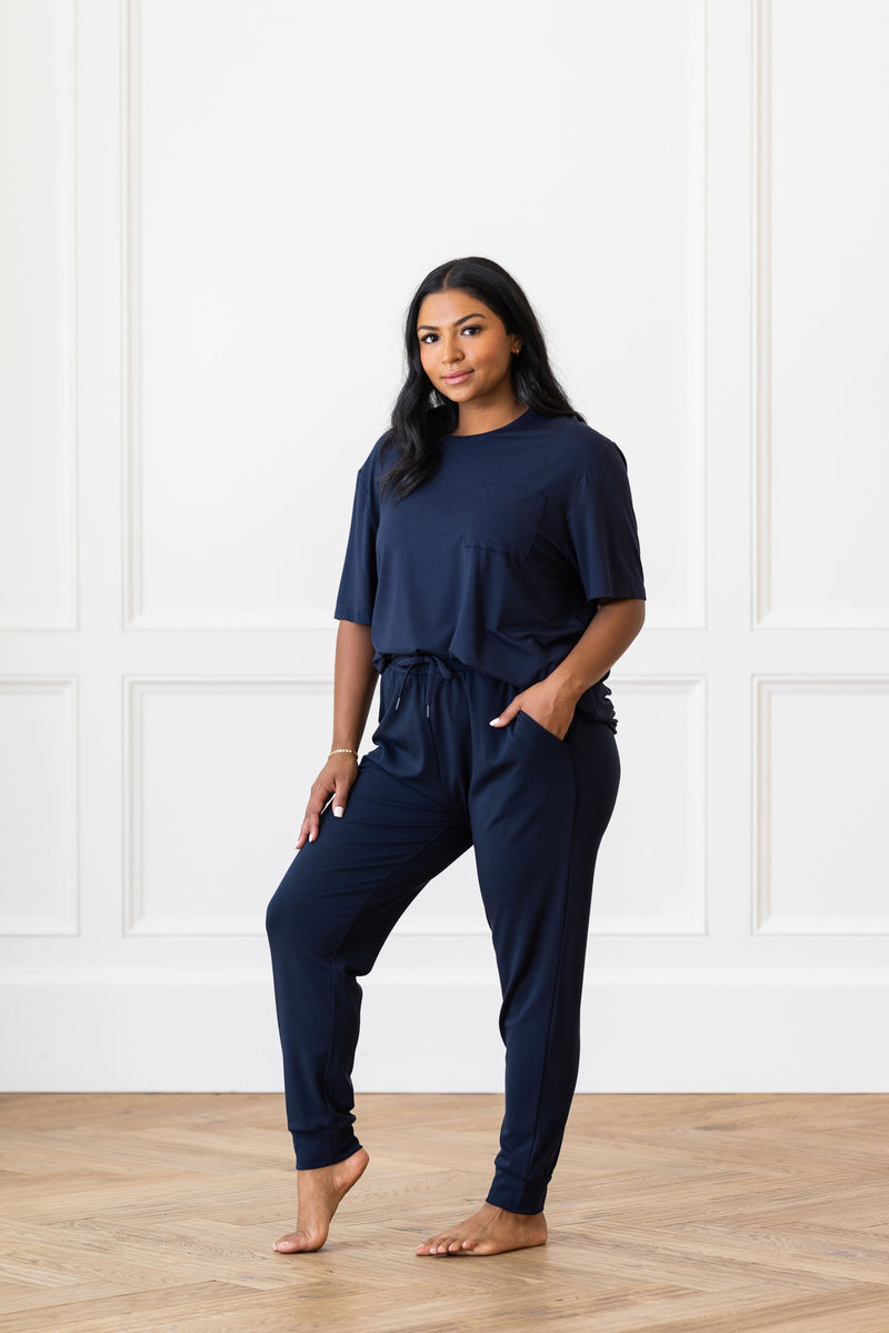 Woman wearing Cozy Earth Bamboo Lounge Tee in dark blue