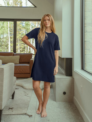 Woman posing in Waffle Knit Dress|Color:Navy