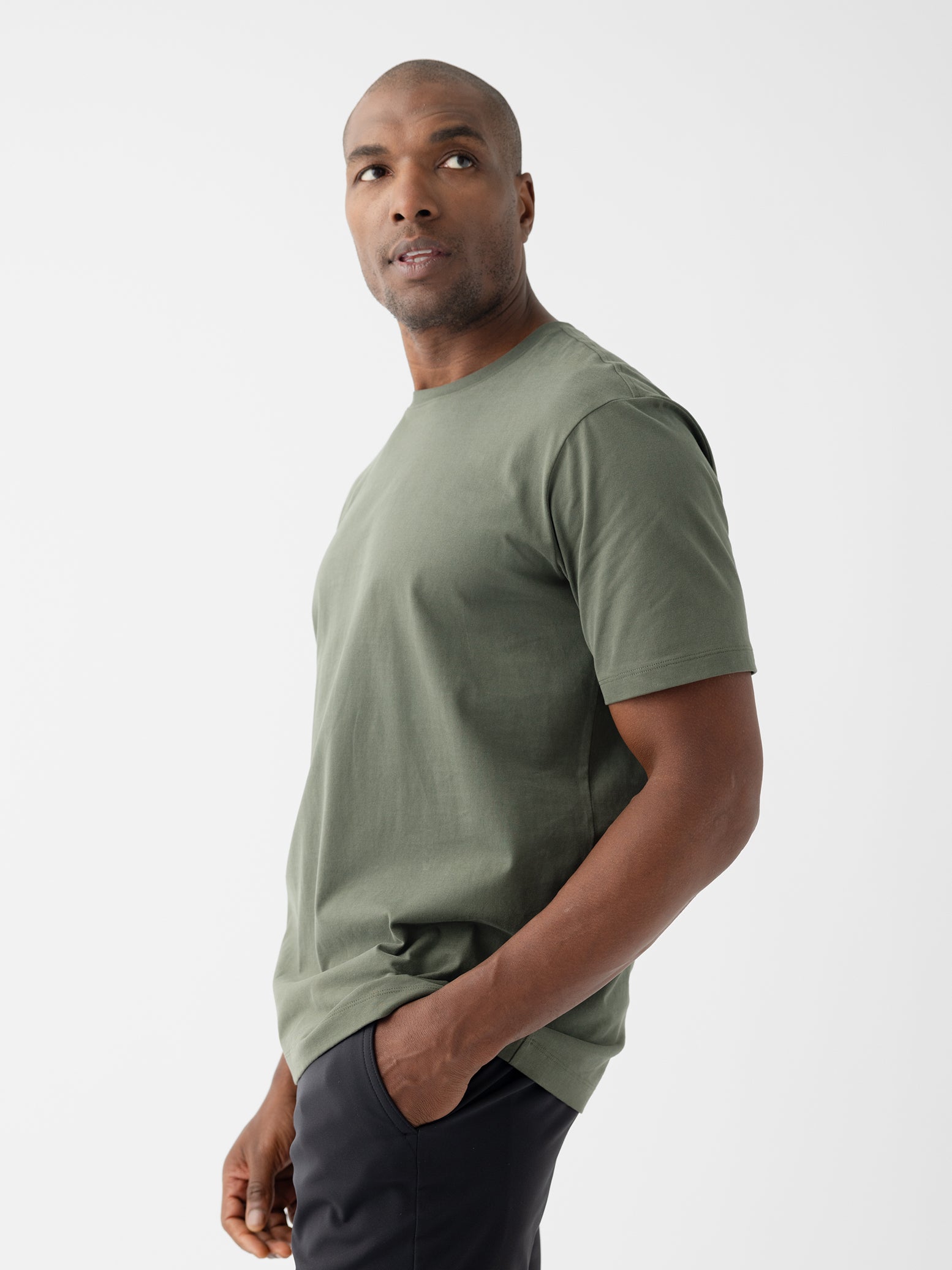 Man in olive tee with white background |Color:Olive