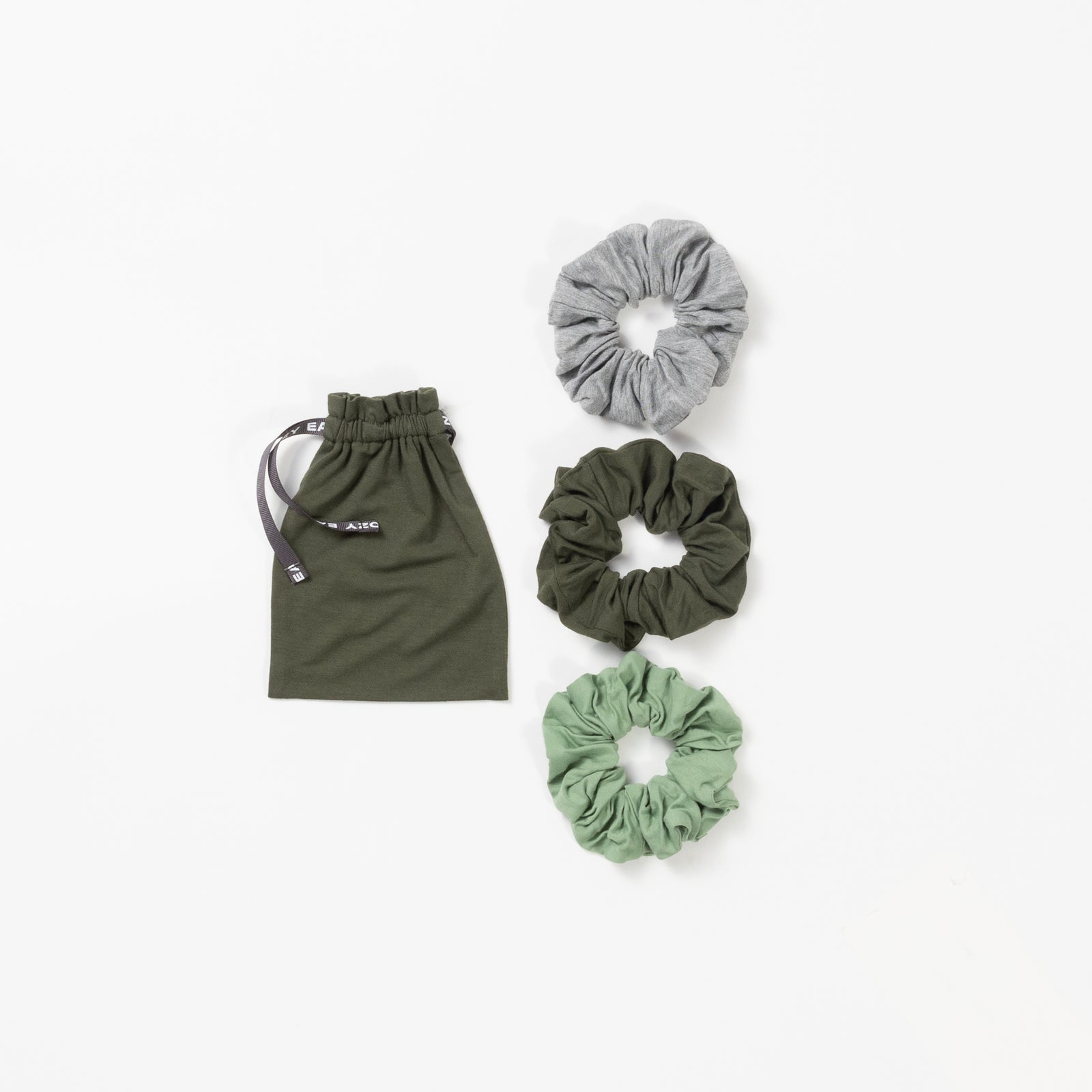 Three pack of scrunchies with olive, fern, and grey options 