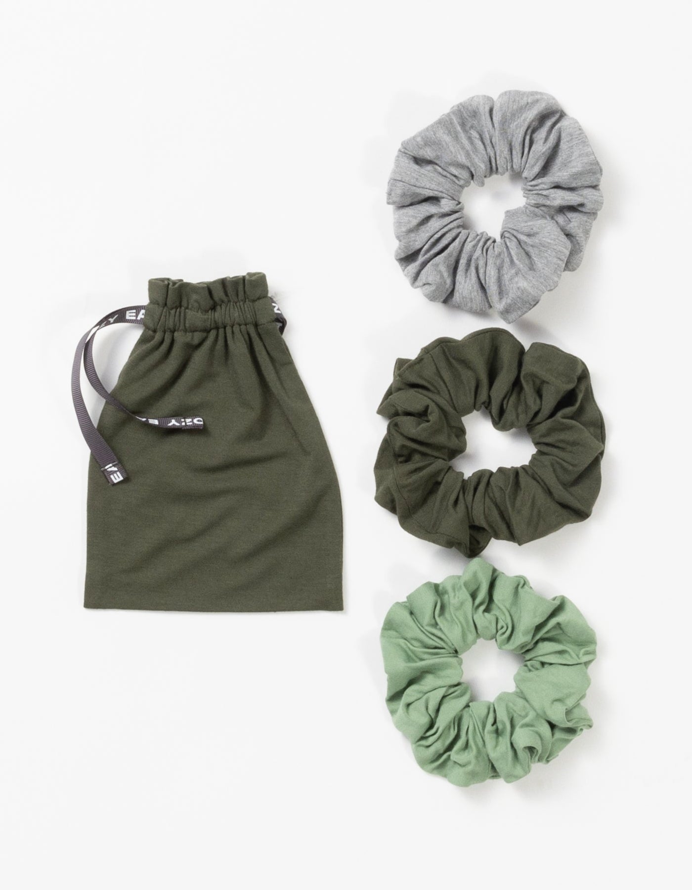 Three pack of scrunchies with olive, fern, and grey options 