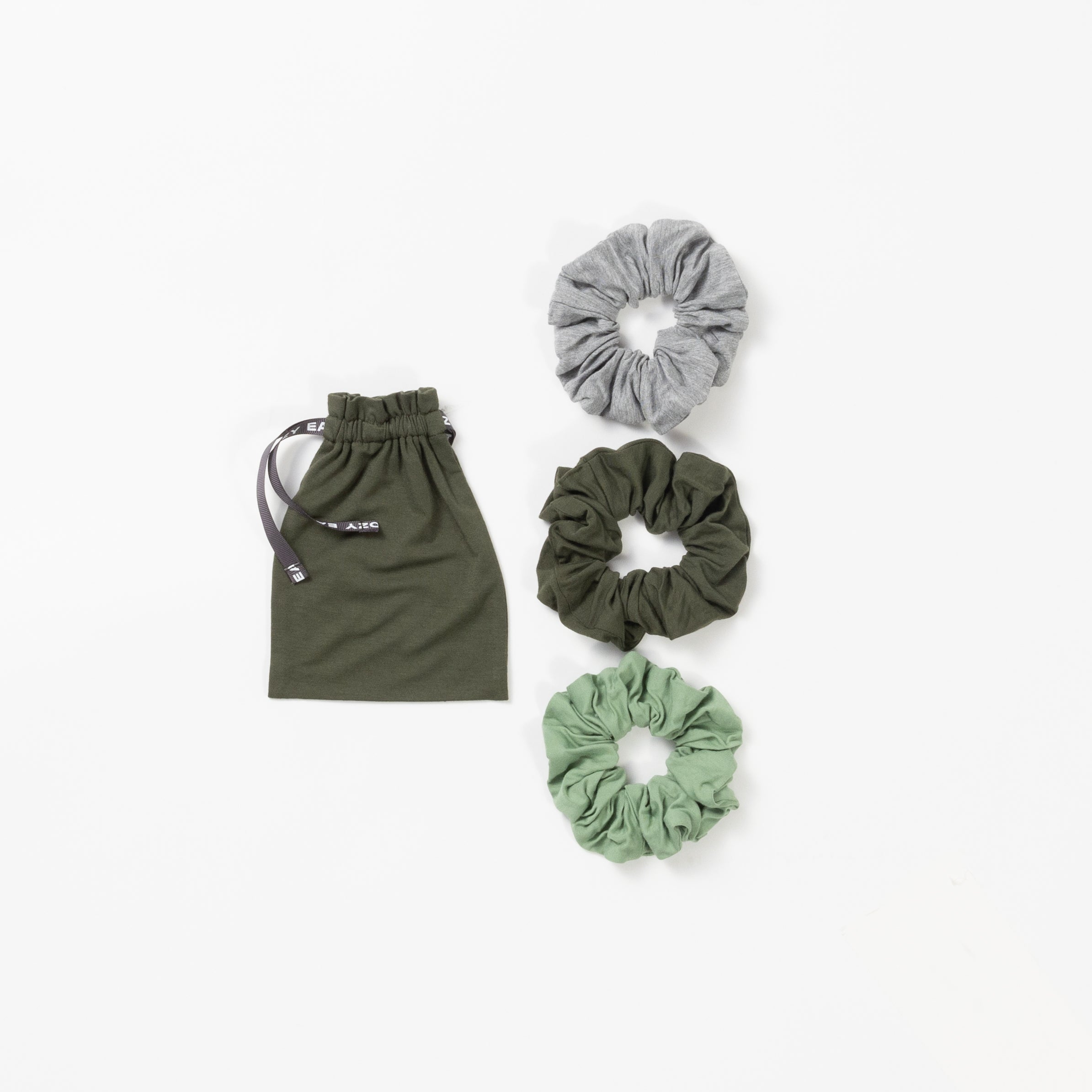 Three pack of scrunchies with olive, fern, and grey options |Color:Olive/Fern/Heather Grey