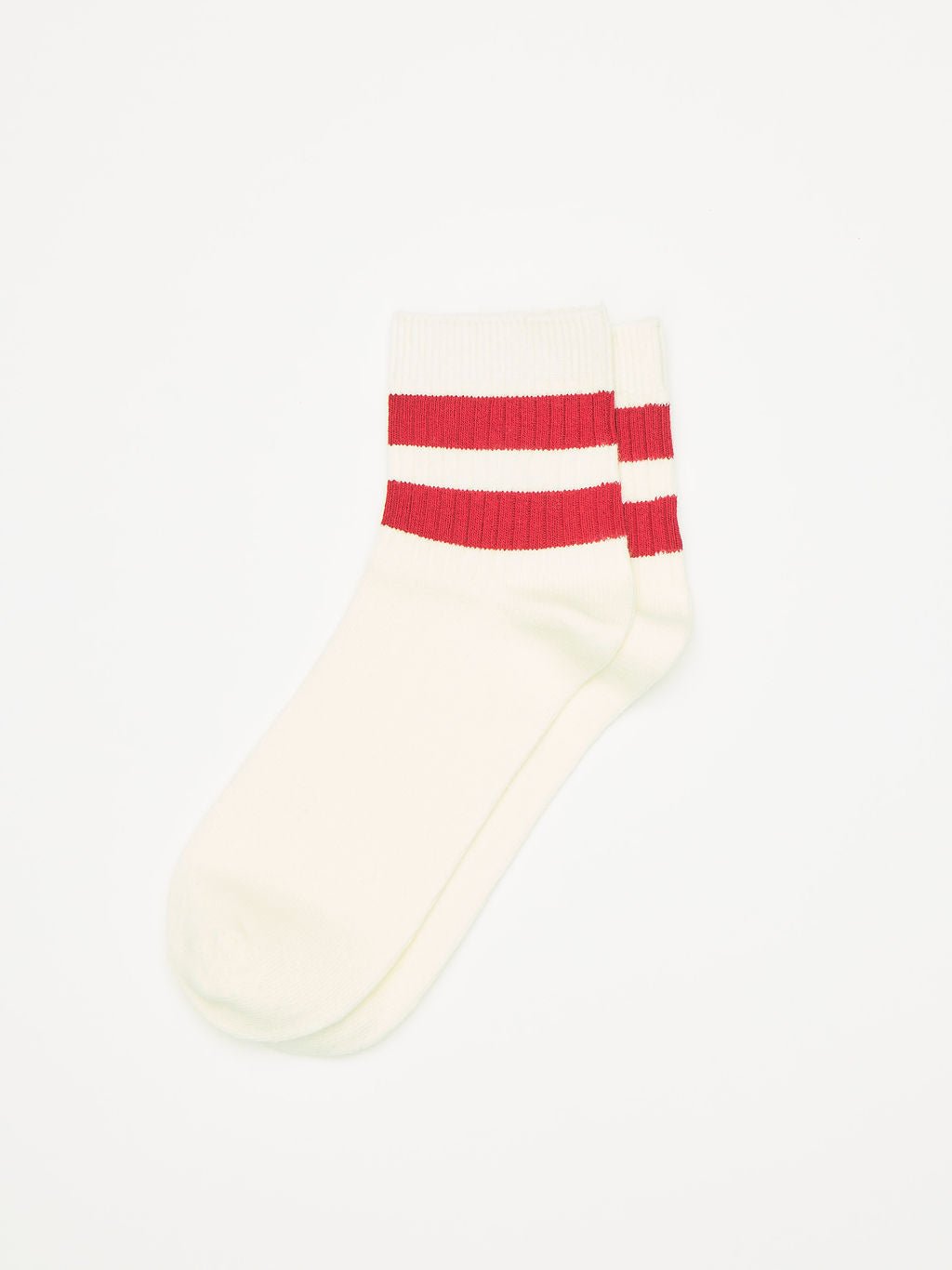 A pair of Cozy Earth's Women's Sadie Socks, cream-colored with two red horizontal stripes near the top, is displayed on a plain white background. 