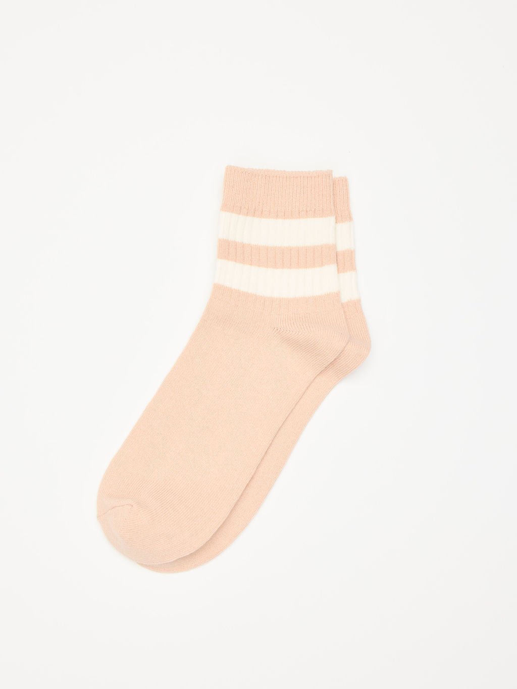 The Women's Sadie Sock by Cozy Earth is a single beige sock featuring two white horizontal stripes near the top, displayed on a plain white background. |Color:Dusty Rose/Bone