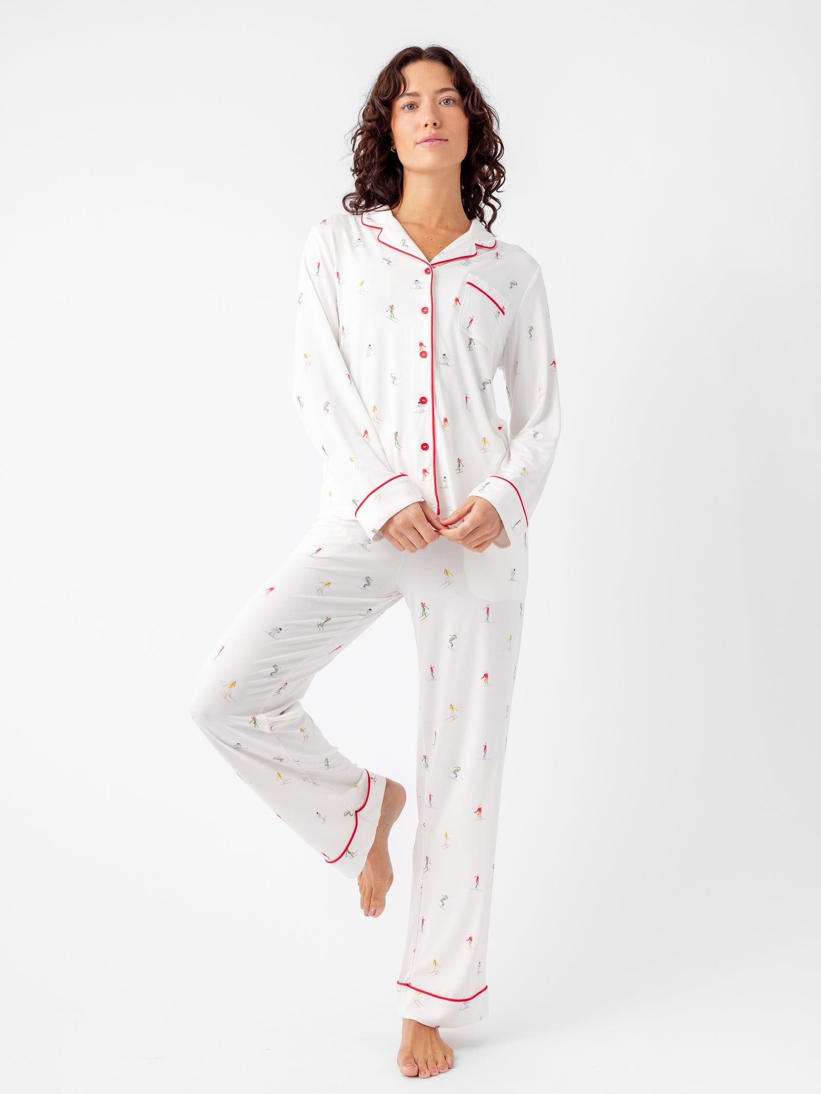 Woman wearing Women's Long Sleeve Bamboo Pajama Top in Stretch-Knit - Ski Ivory 