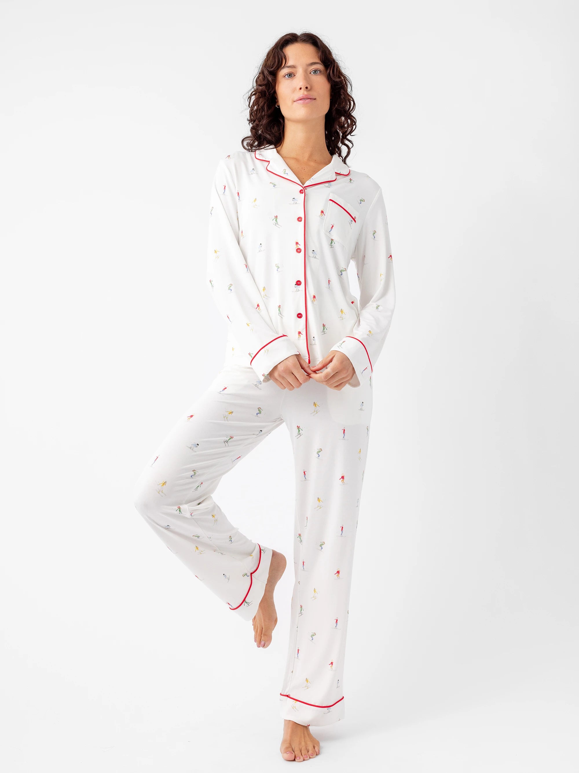 Women's Long Sleeve Bamboo Pajama Top in Stretch-Knit |Color:Skiers Ivory