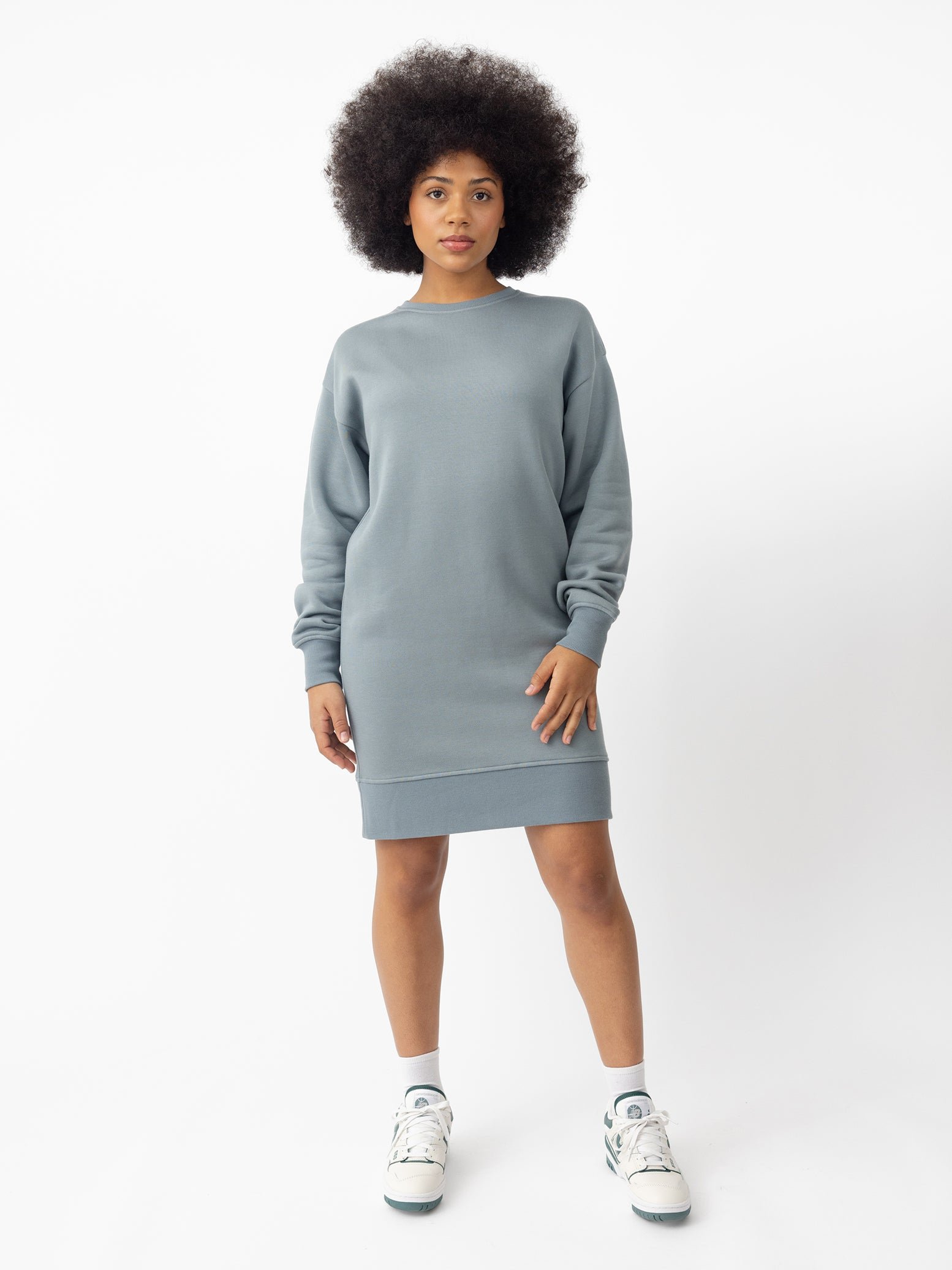 Woman wearing Smokey Blue CityScape Crewneck Dress with white background |Color: Smokey Blue