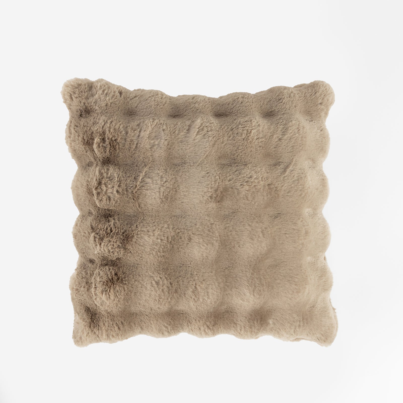 The Bubble Cuddle Pillow by Cozy Earth is a square, fluffy beige cushion with a tufted texture, set against a white background. 