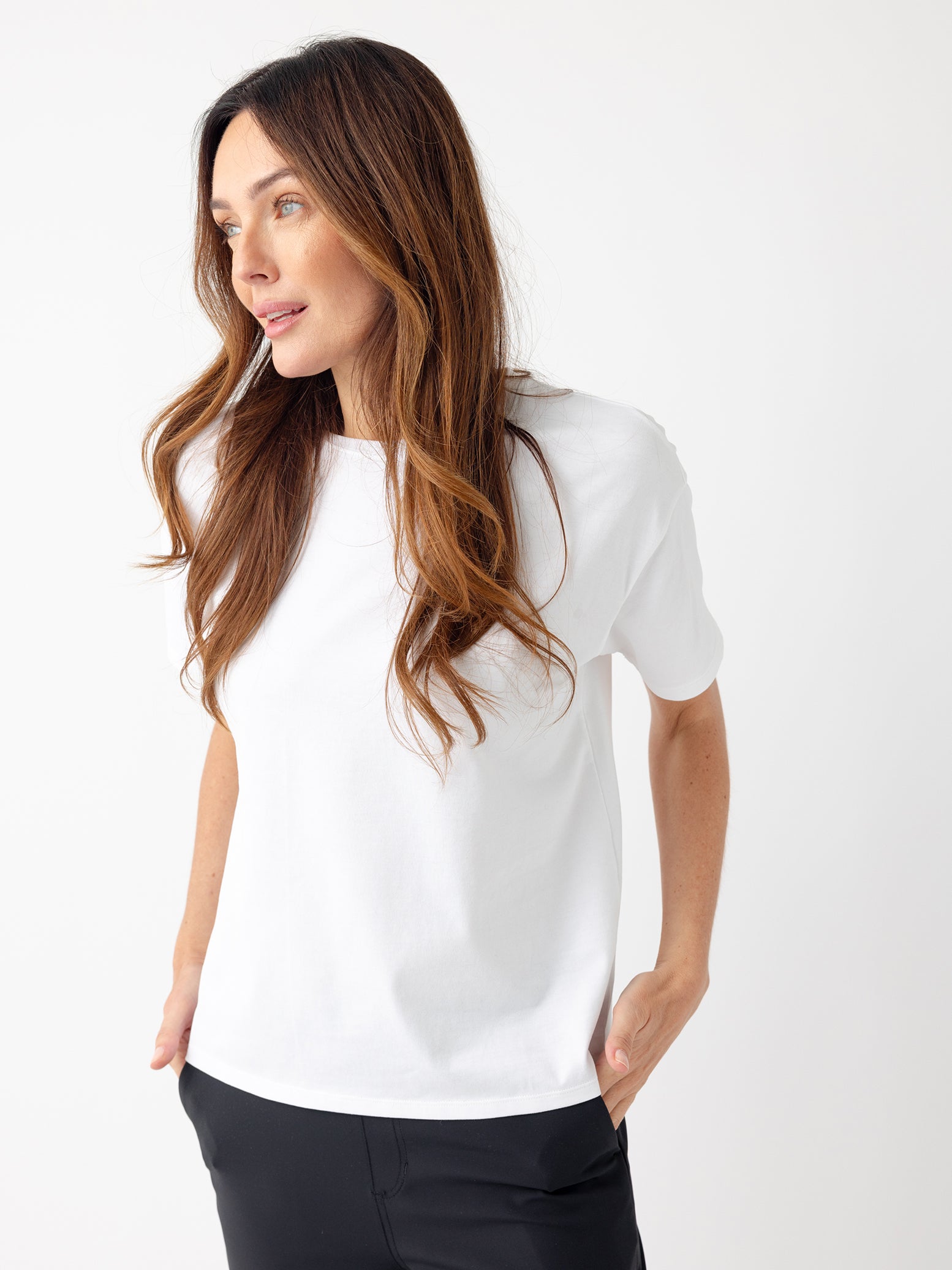 Woman wearing white tee with white background |Color:White