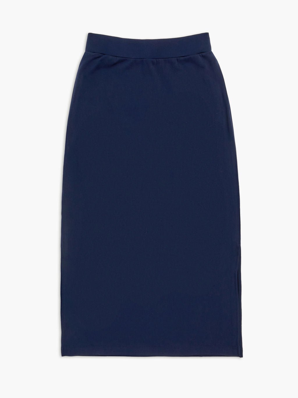 The Women's Brushed Bamboo Midi Skirt by Cozy Earth is displayed flat on a white backdrop. This dark navy blue midi skirt features a simple design with an elastic waistband and a slight slit on one side. 