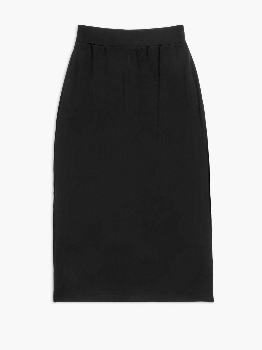 The Women's Brushed Bamboo Midi Skirt by Cozy Earth is a black, knee-length pencil skirt featuring a fitted waistline and straight cut. Crafted from smooth, slightly stretchy fabric, it offers a simple and sleek design perfect for formal or office wear. 