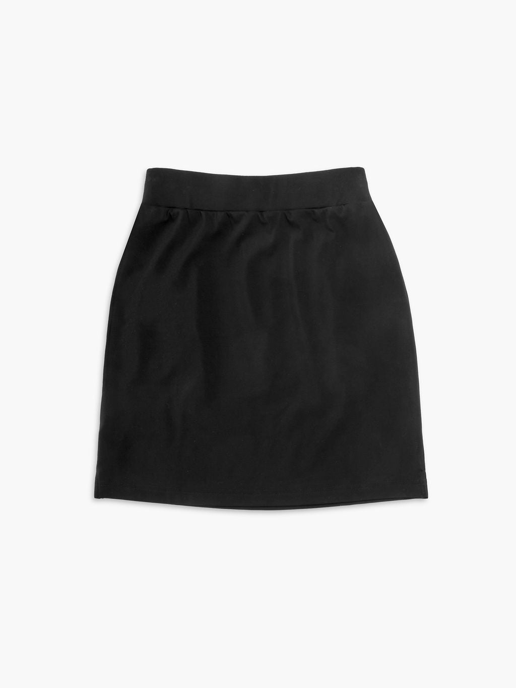 The Women's Brushed Bamboo Skirt by Cozy Earth features a minimalist design and straight cut in classic black. Its smooth texture makes it ideal for both formal and casual occasions, as it lays elegantly against a plain white background. 