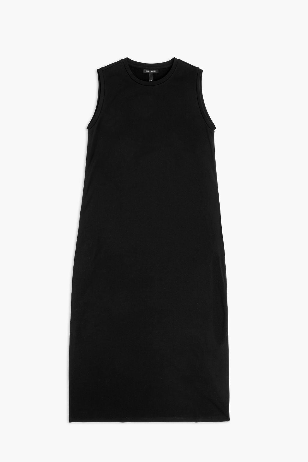 Women's Brushed Bamboo Sleeveless Midi Dress by Cozy Earth in black features a straight, knee-length design, shown on a white background. 