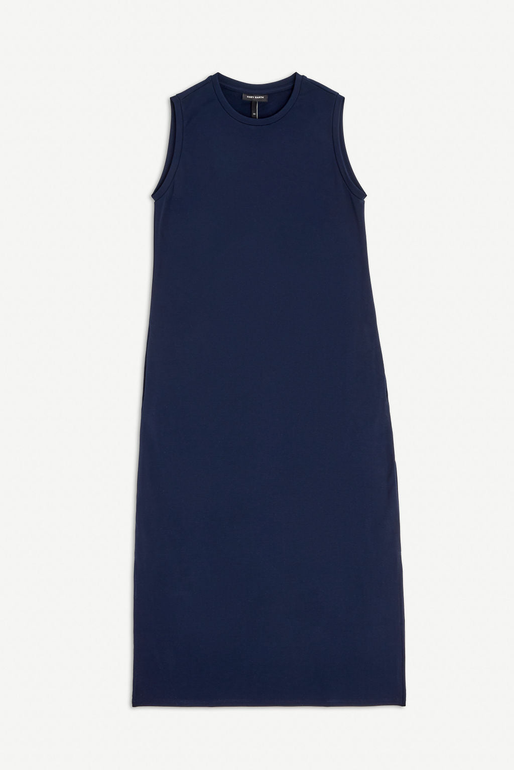 The Women's Brushed Bamboo Sleeveless Midi Dress by Cozy Earth is navy blue, with a simple straight design and a round neckline, made from soft, slightly stretchy fabric. 