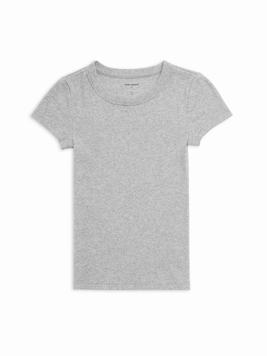 Cozy Earth Women's Fine Ribbed Tee in Heather Grey lies flat on a white background. 