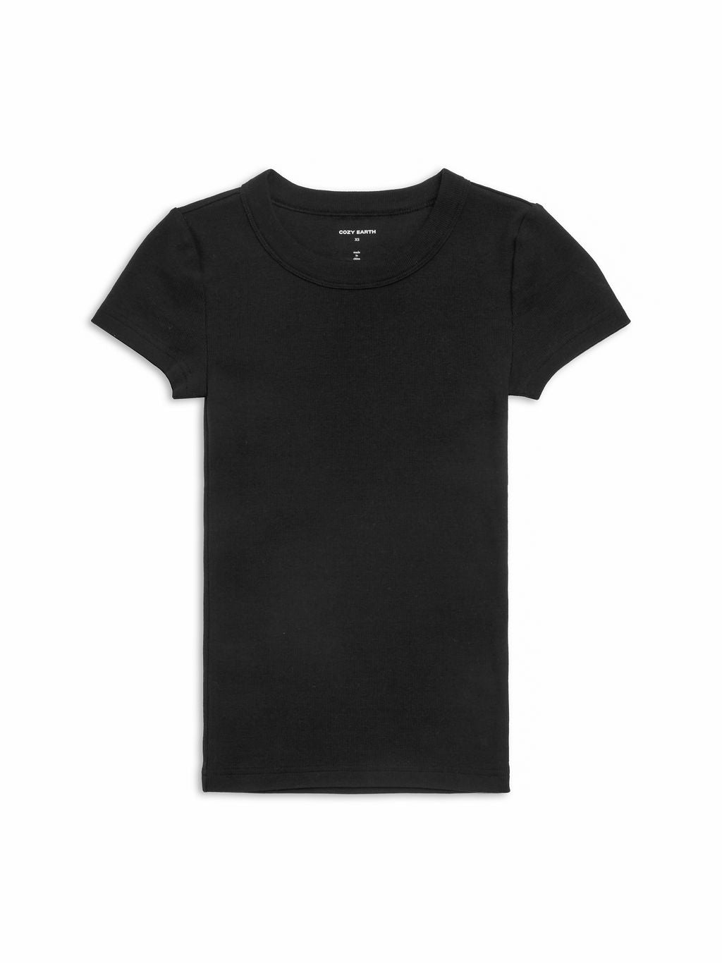 Cozy Earth Women's Fine Ribbed Tee in Jet Black lies flat in front of a white background. 